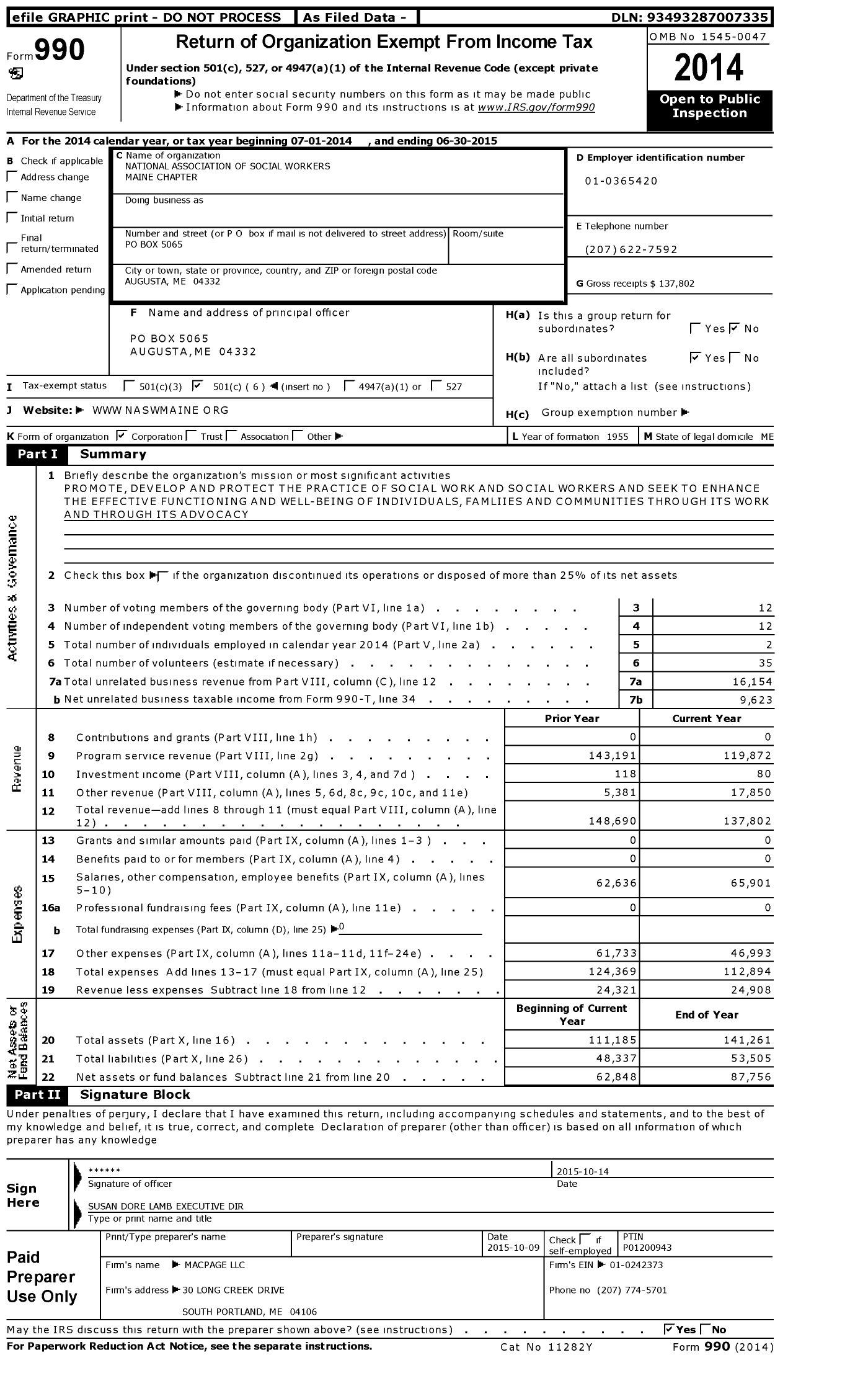 Image of first page of 2014 Form 990O for National Association of Social Workers - Maine Chapter
