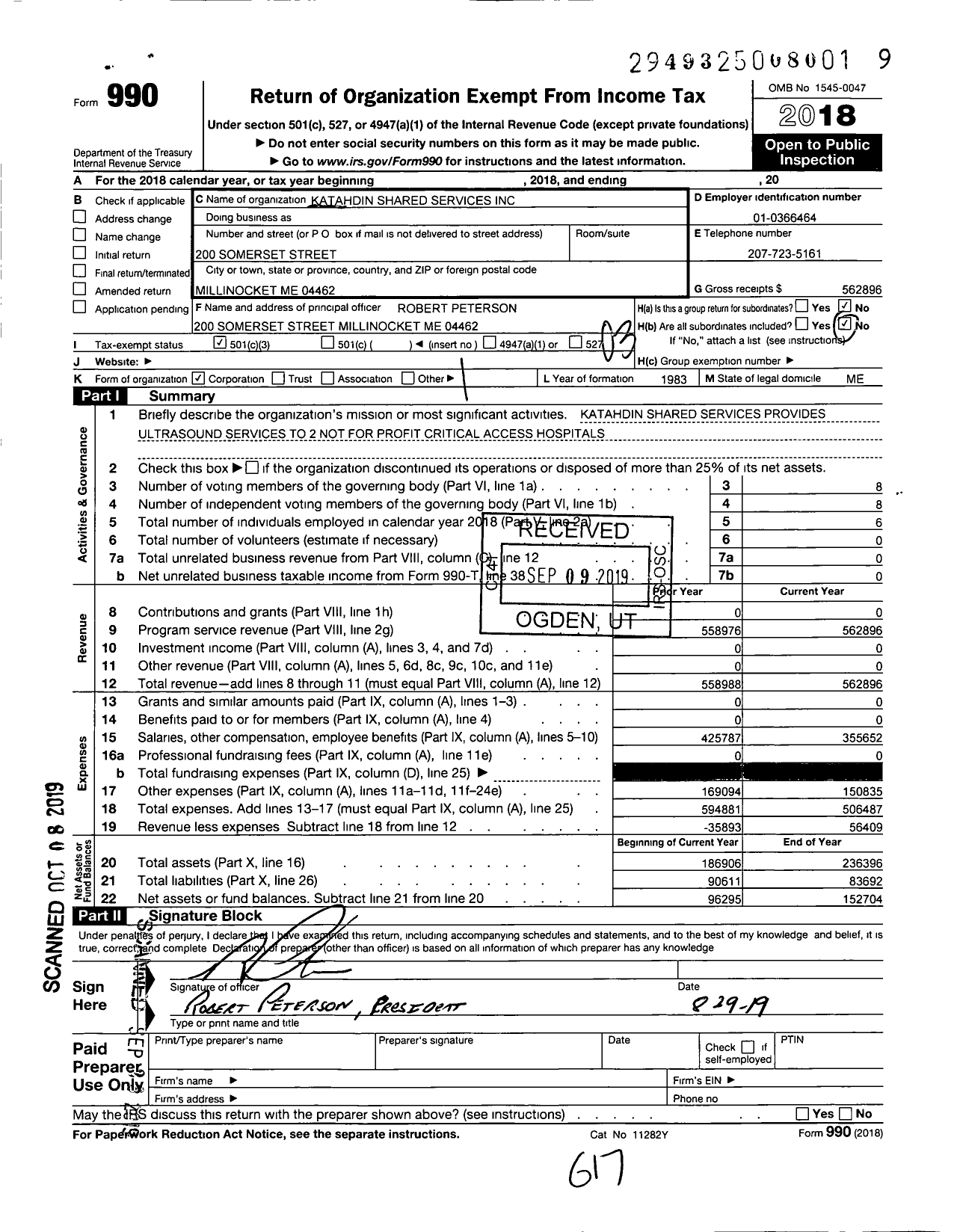 Image of first page of 2018 Form 990 for Katahdin Shared Services