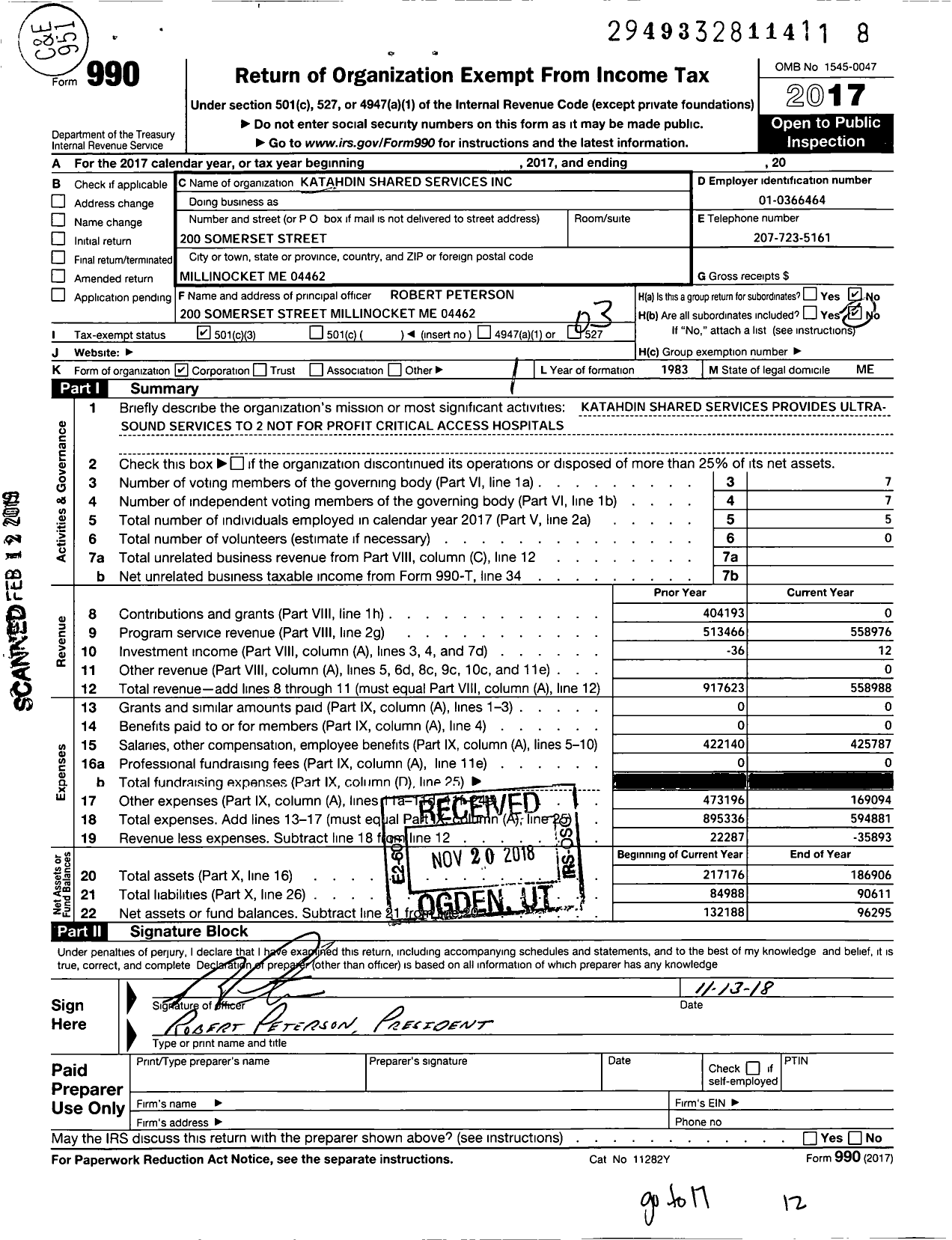 Image of first page of 2017 Form 990 for Katahdin Shared Services