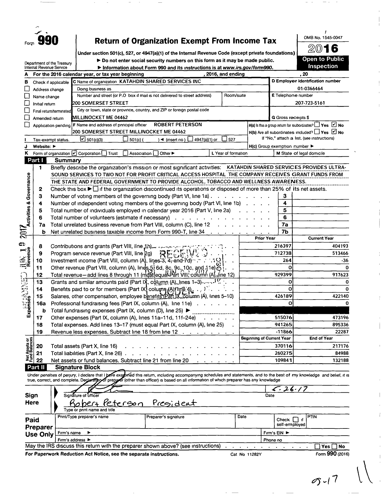 Image of first page of 2016 Form 990 for Katahdin Shared Services