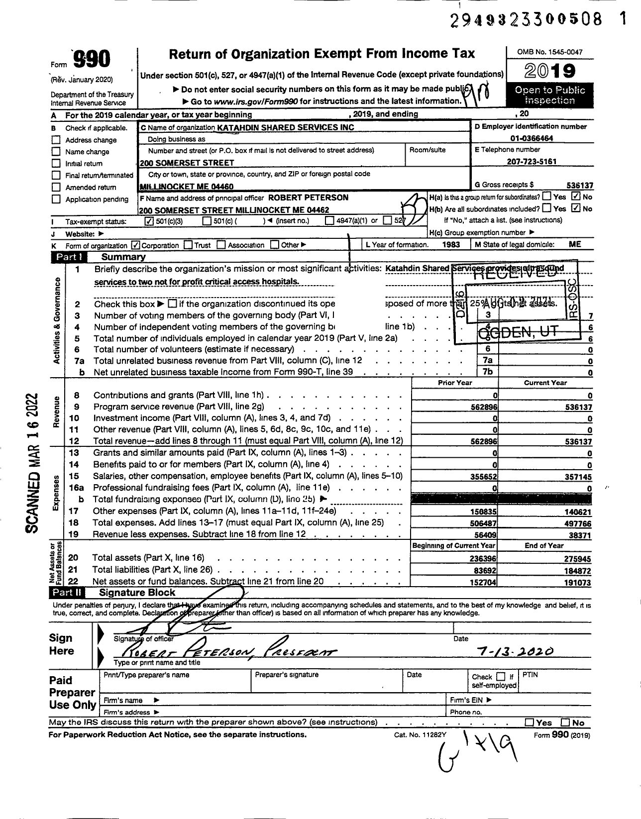 Image of first page of 2019 Form 990 for Katahdin Shared Services