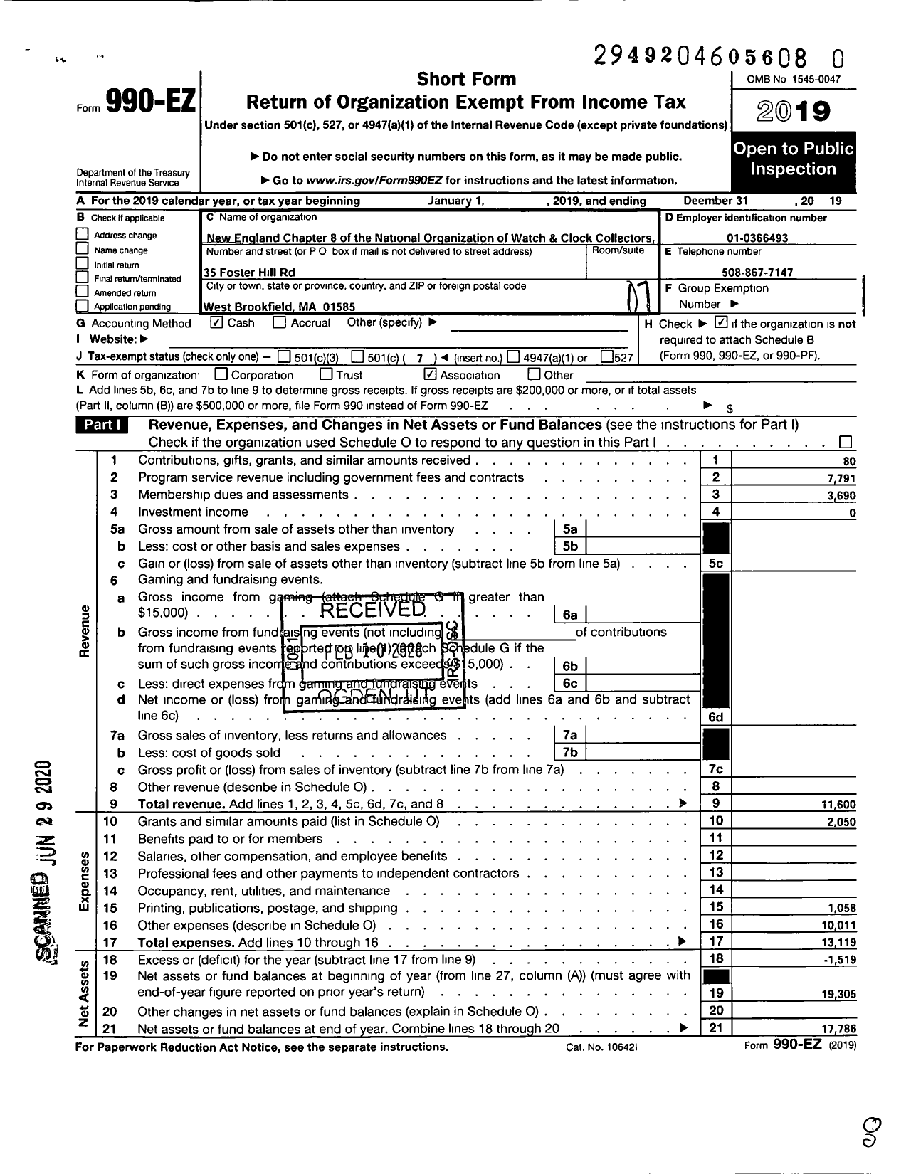 Image of first page of 2019 Form 990EO for New England Chapter 8 of the National Association of Watch and Clock Collectors