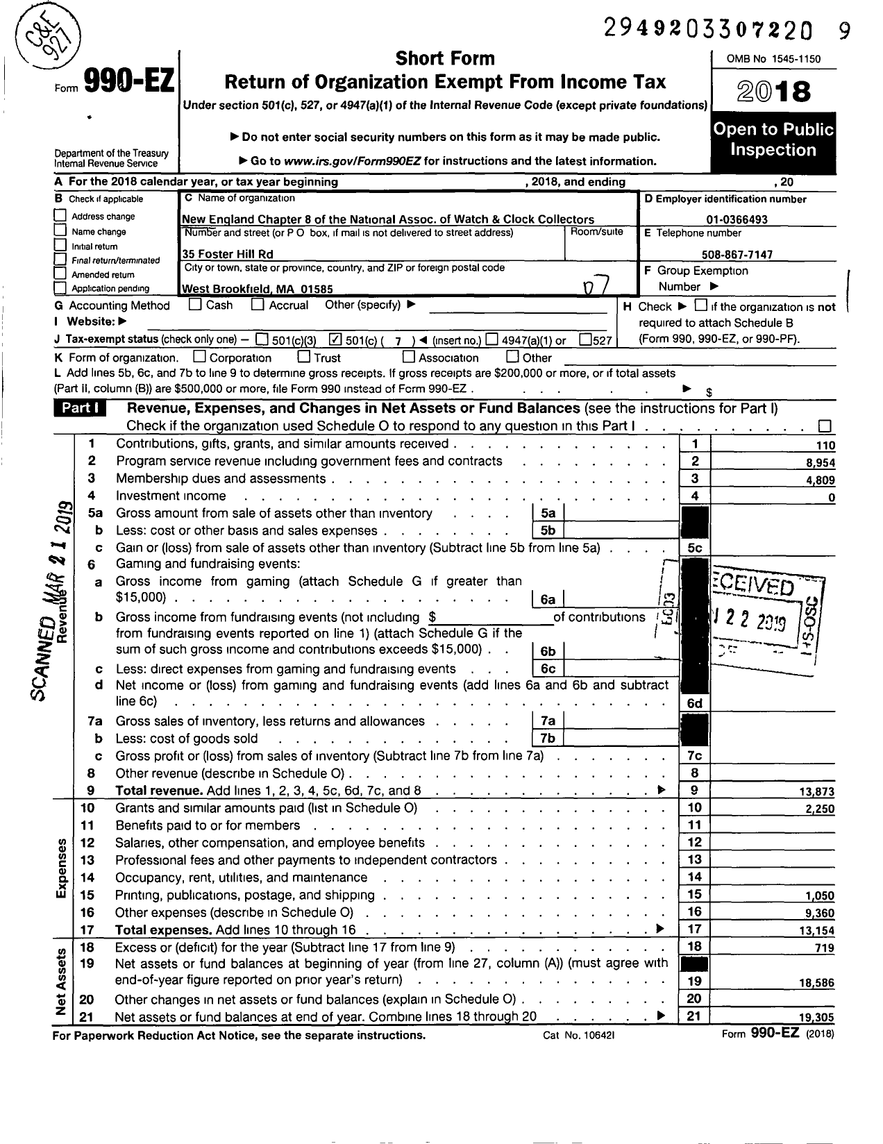 Image of first page of 2018 Form 990EO for New England Chapter 8 of the National Association of Watch and Clock Collectors