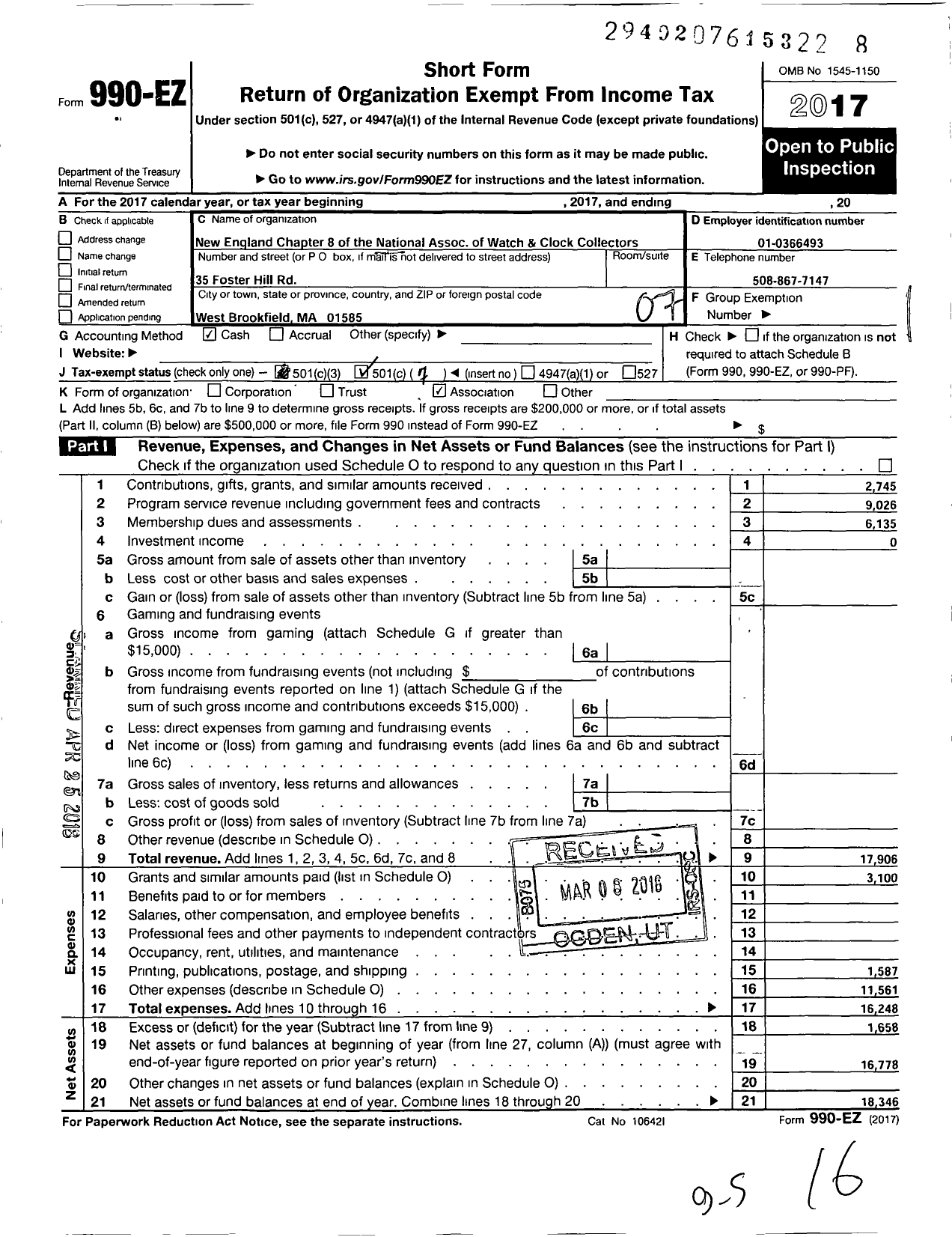 Image of first page of 2017 Form 990EO for New England Chapter 8 of the National Association of Watch and Clock Collectors