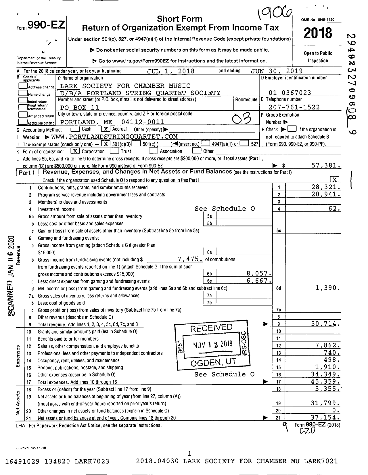 Image of first page of 2018 Form 990EZ for Portland String Quartet Society