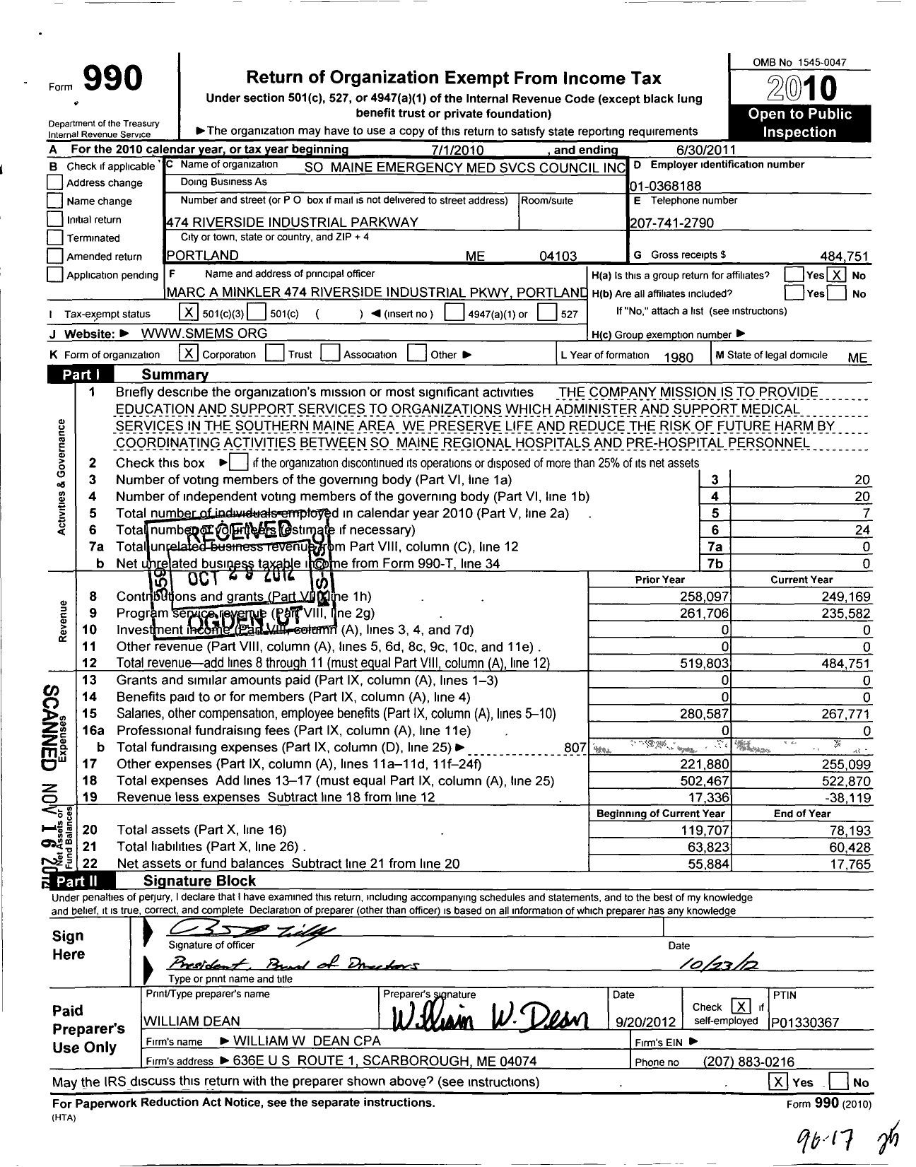 Image of first page of 2010 Form 990 for Southern Maine Emergency Medical Services