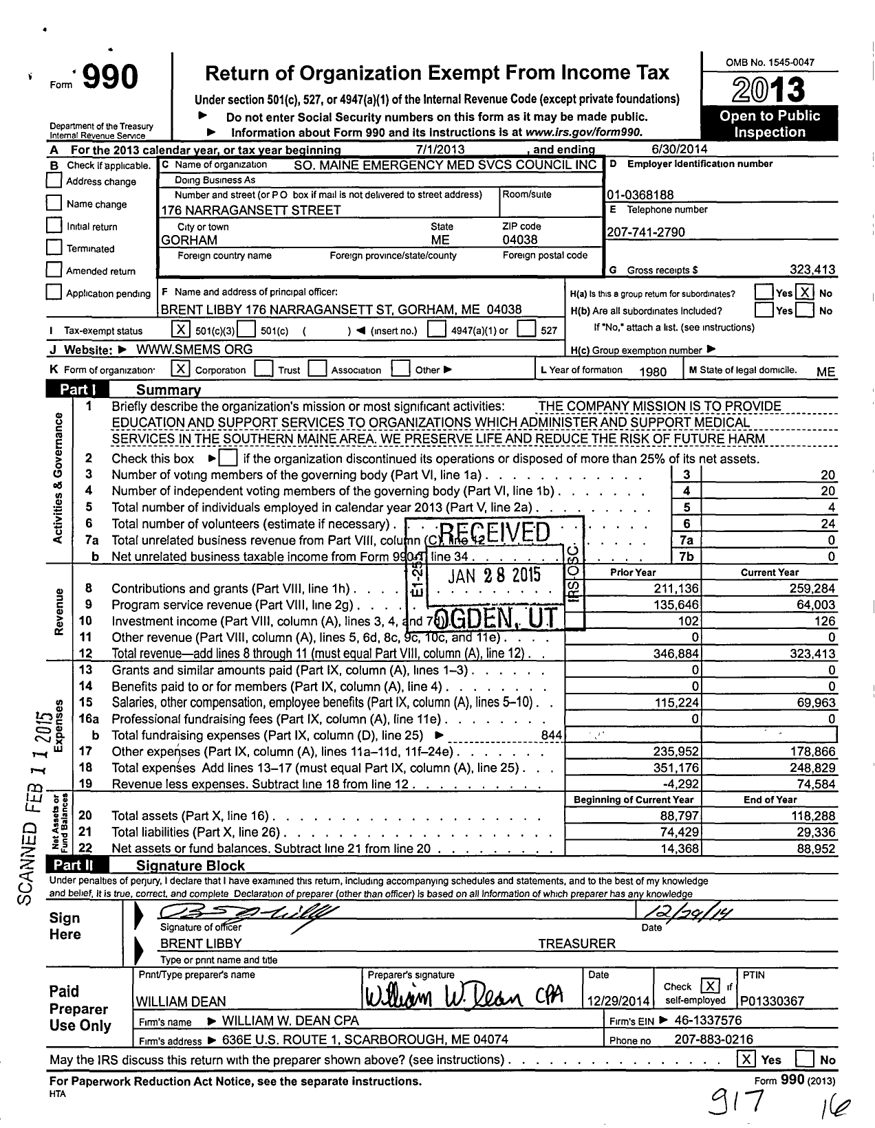 Image of first page of 2013 Form 990 for Southern Maine Emergency Medical Services