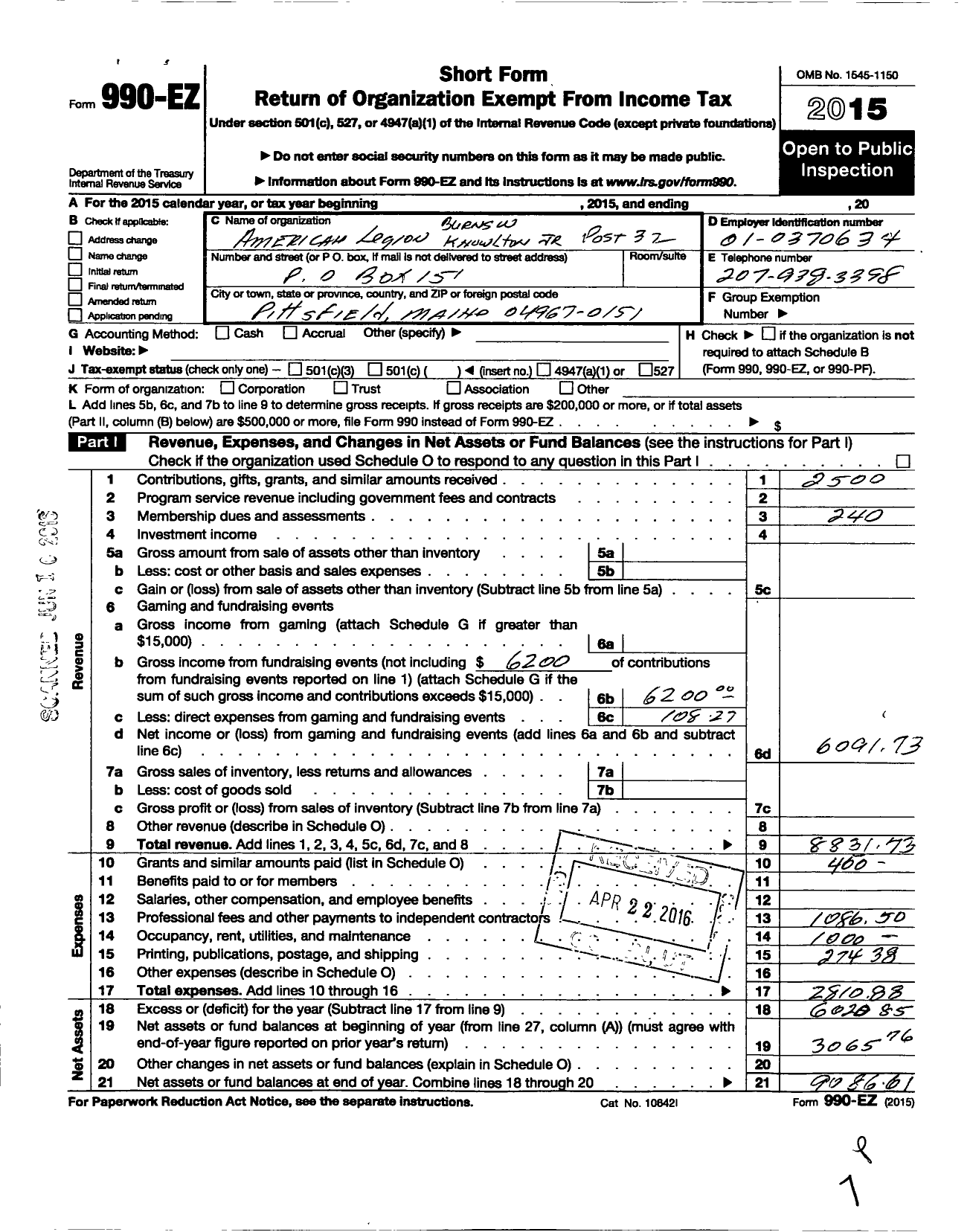 Image of first page of 2015 Form 990EO for American Legion - 0032