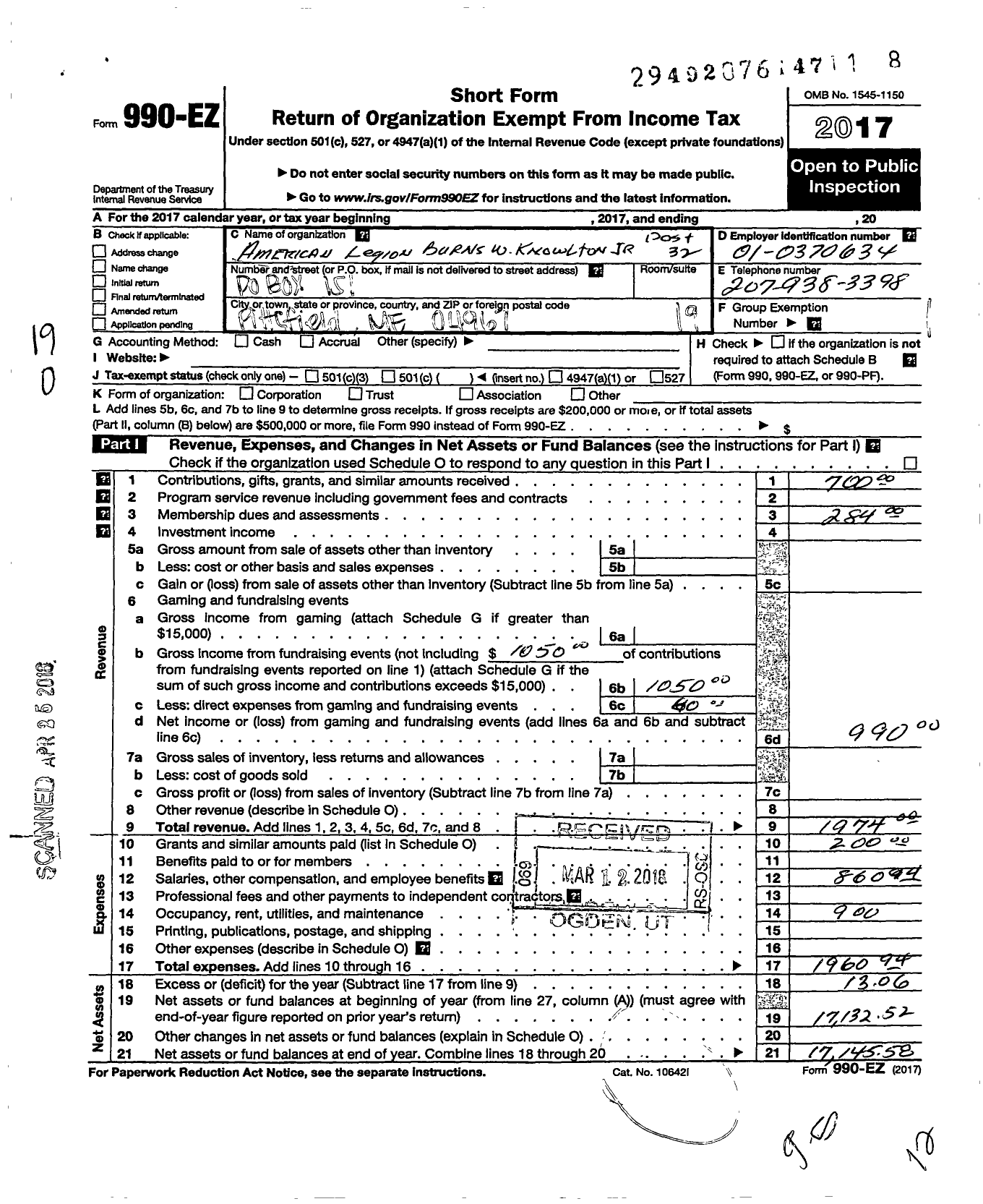 Image of first page of 2017 Form 990EO for American Legion - 0032