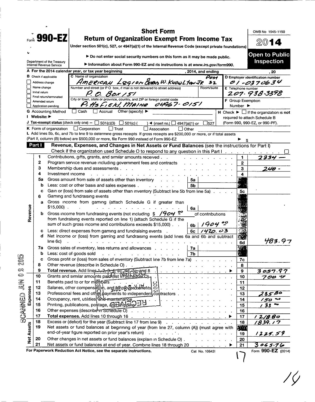 Image of first page of 2014 Form 990EO for American Legion - 0032