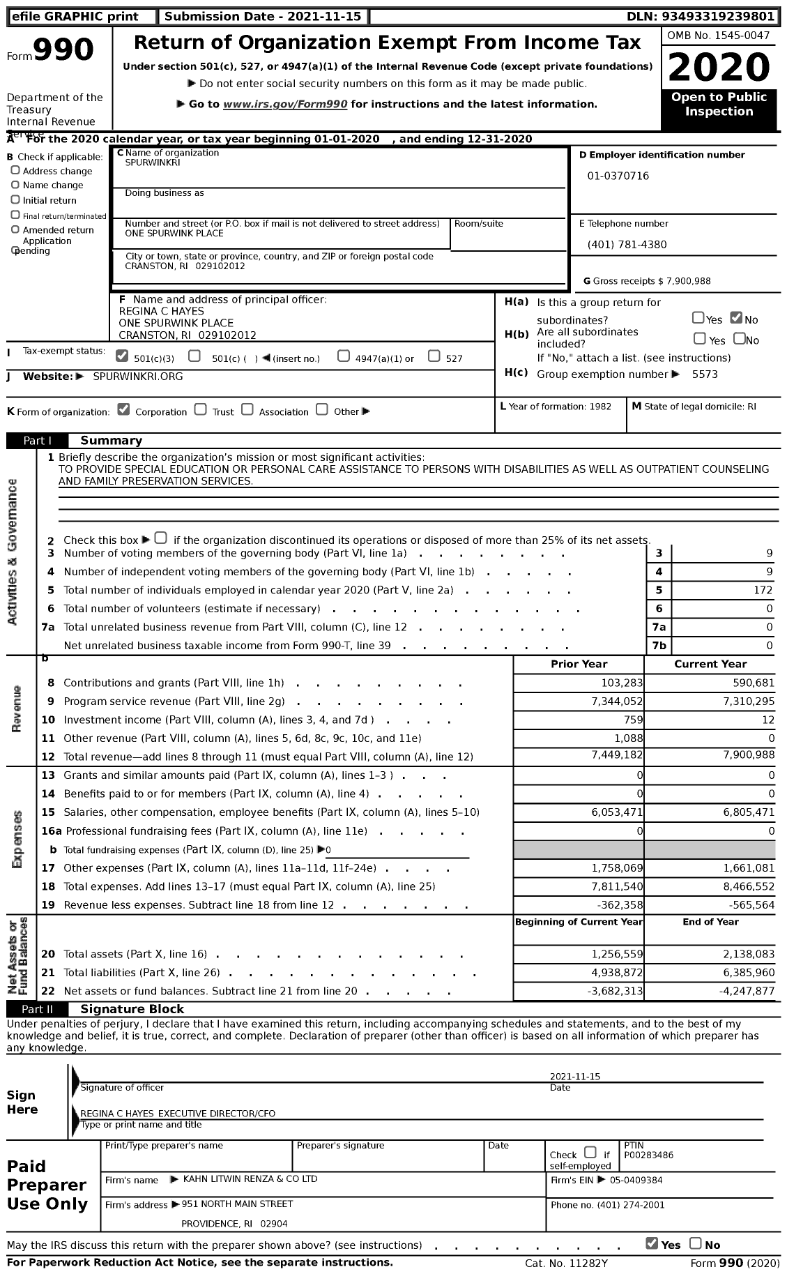 Image of first page of 2020 Form 990 for Spurwinkri