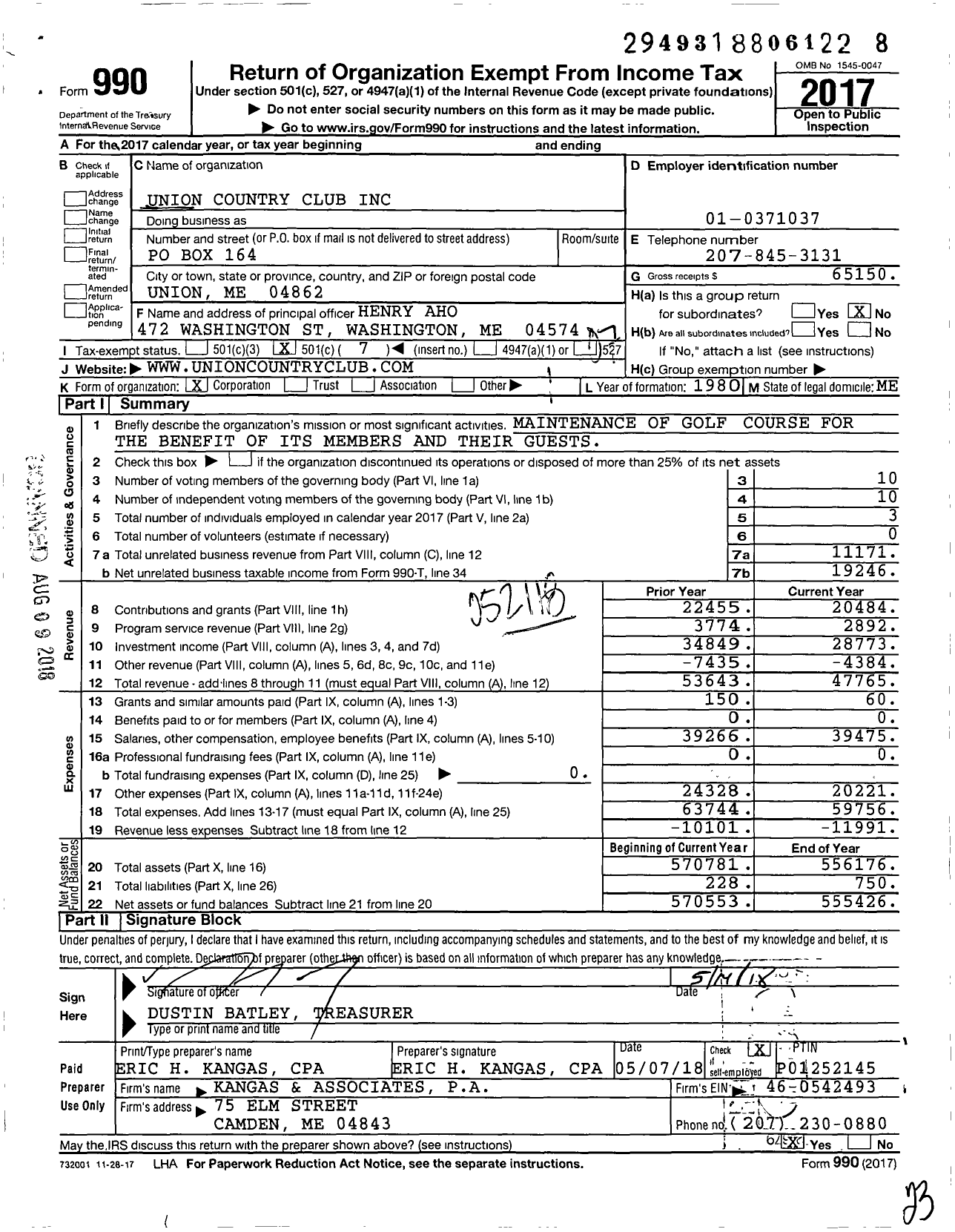 Image of first page of 2017 Form 990O for Union Country Club