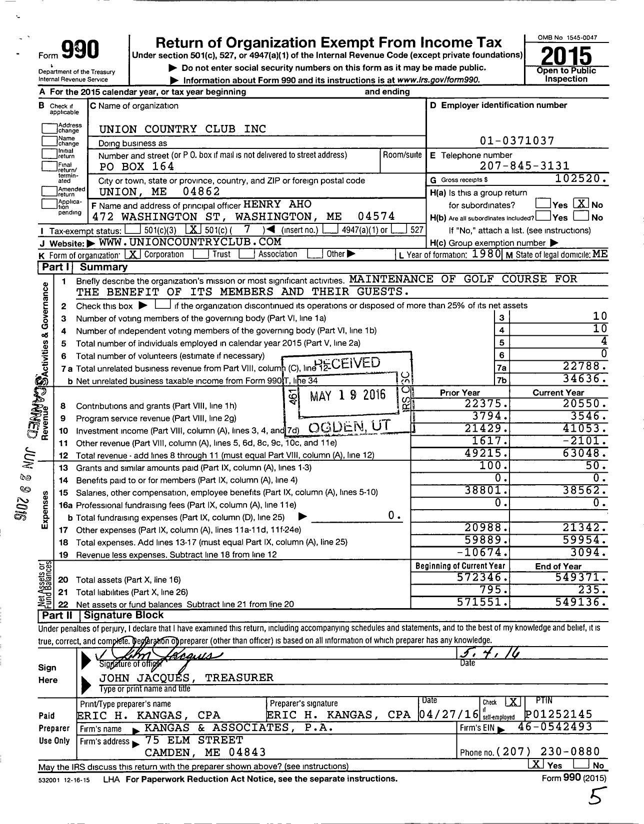 Image of first page of 2015 Form 990O for Union Country Club