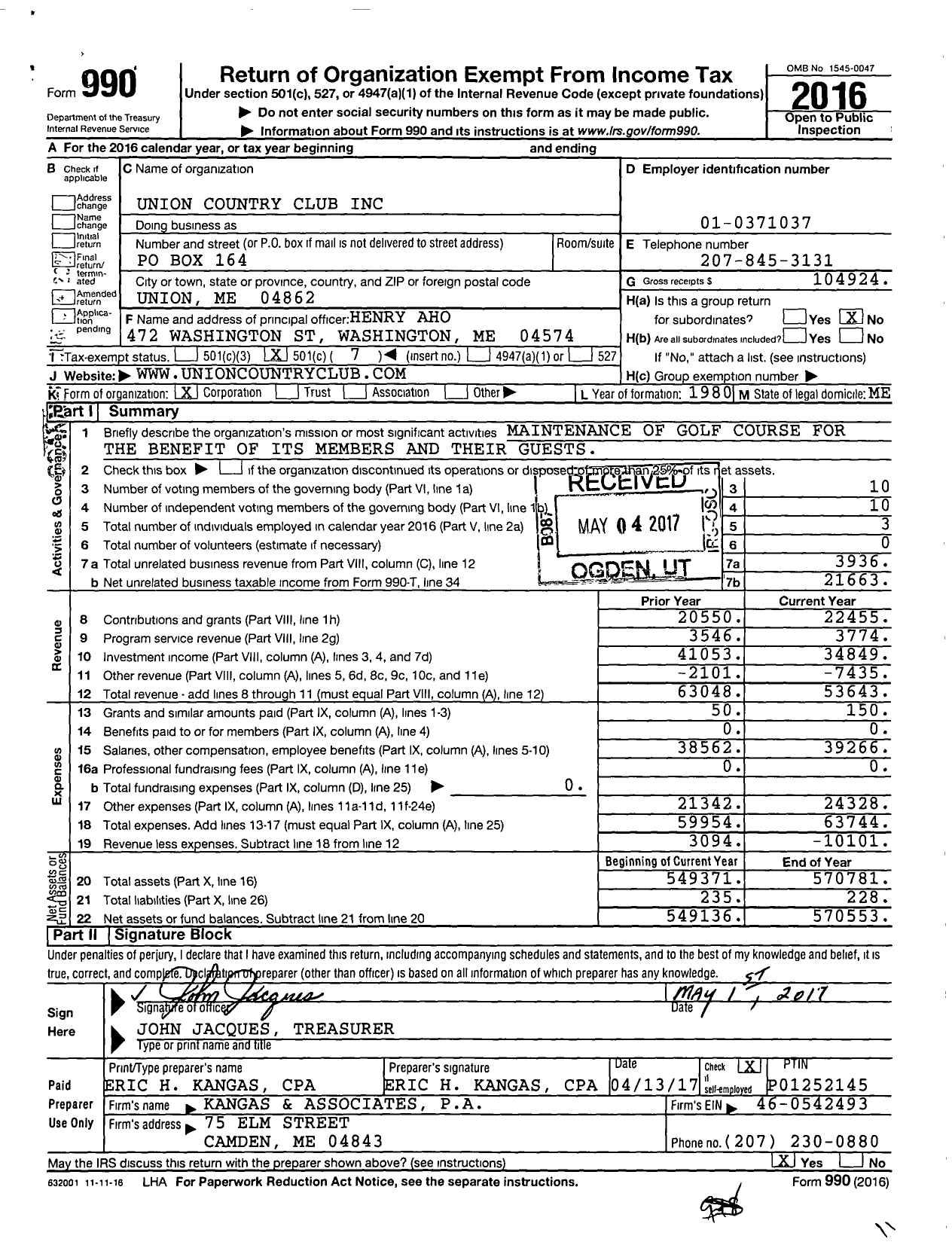 Image of first page of 2016 Form 990O for Union Country Club