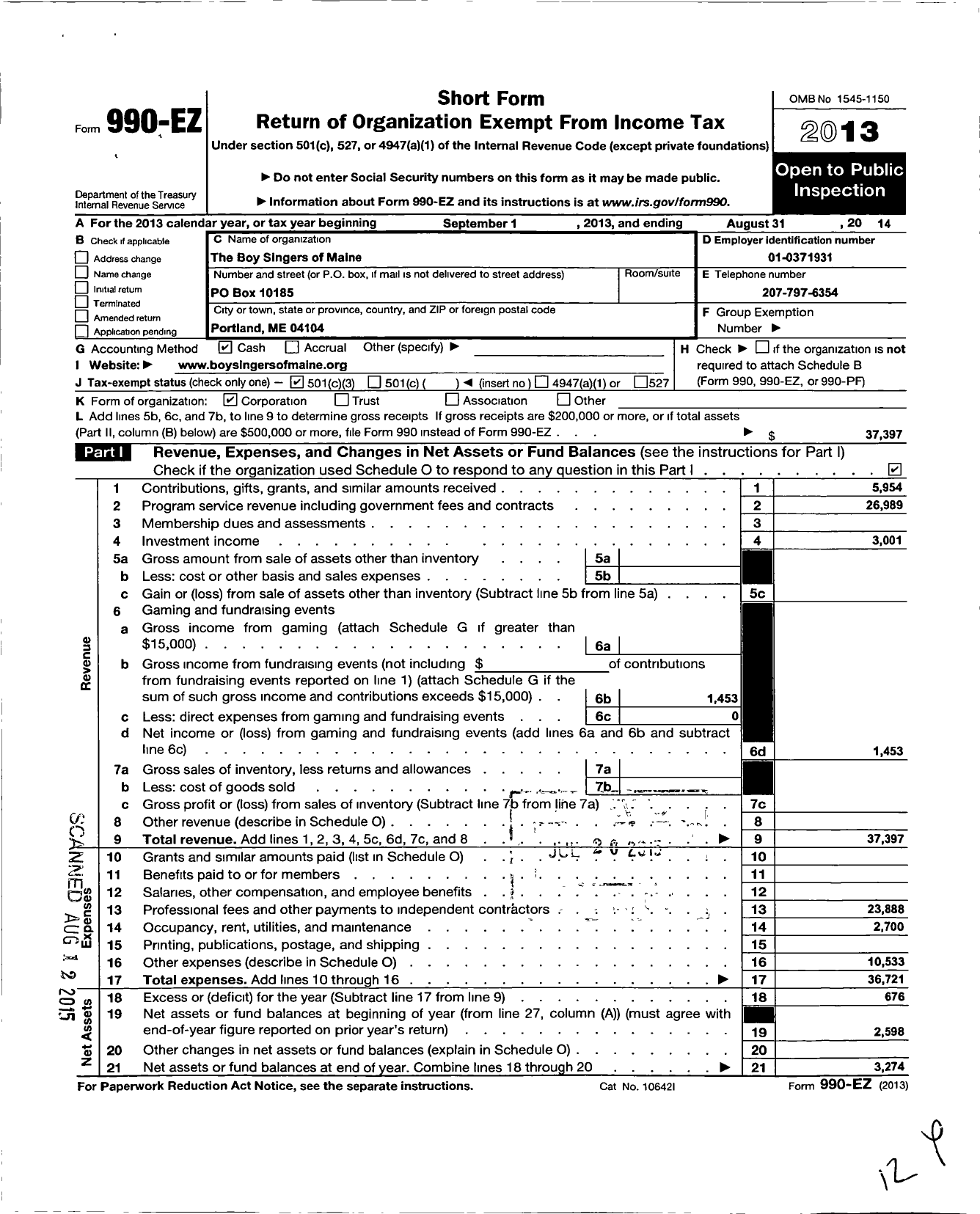 Image of first page of 2013 Form 990EZ for Boy Singers of Maine