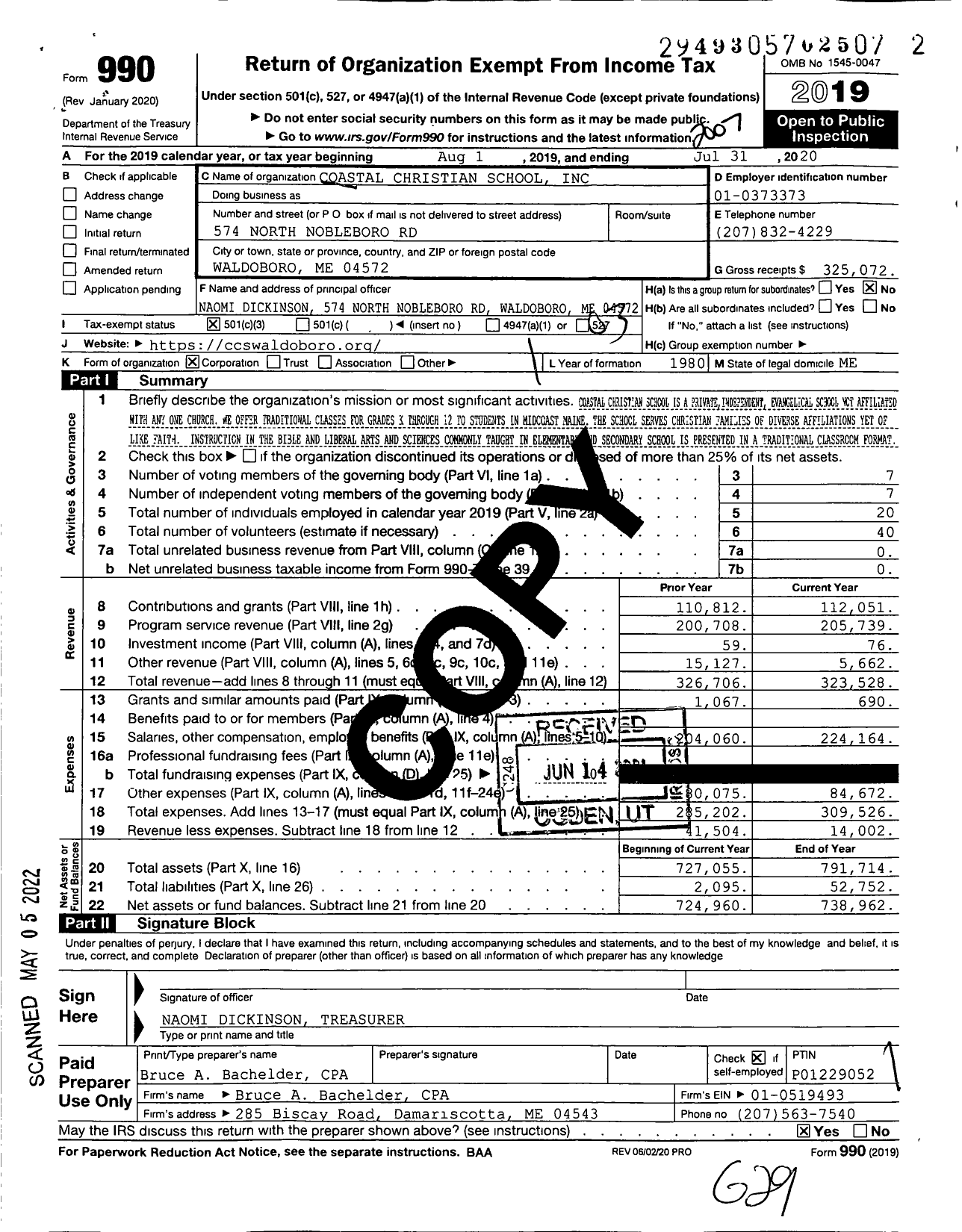 Image of first page of 2019 Form 990 for Coastal Christian School