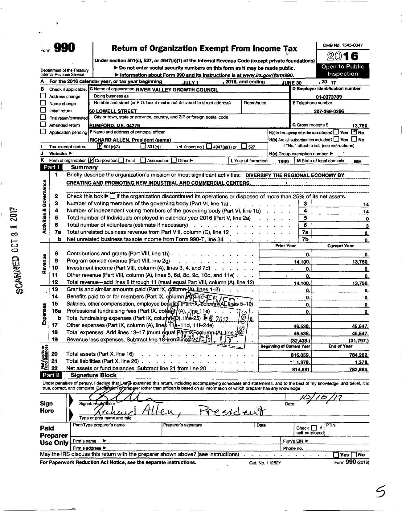 Image of first page of 2016 Form 990 for River Valley Growth Council