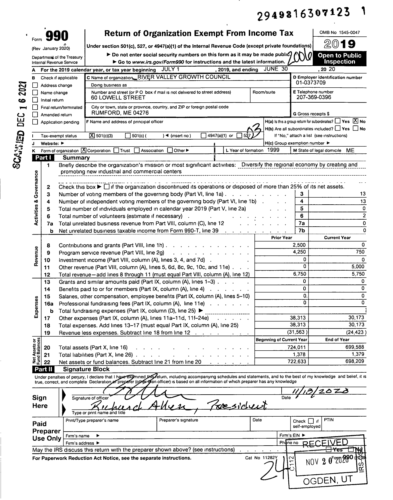 Image of first page of 2019 Form 990 for River Valley Growth Council