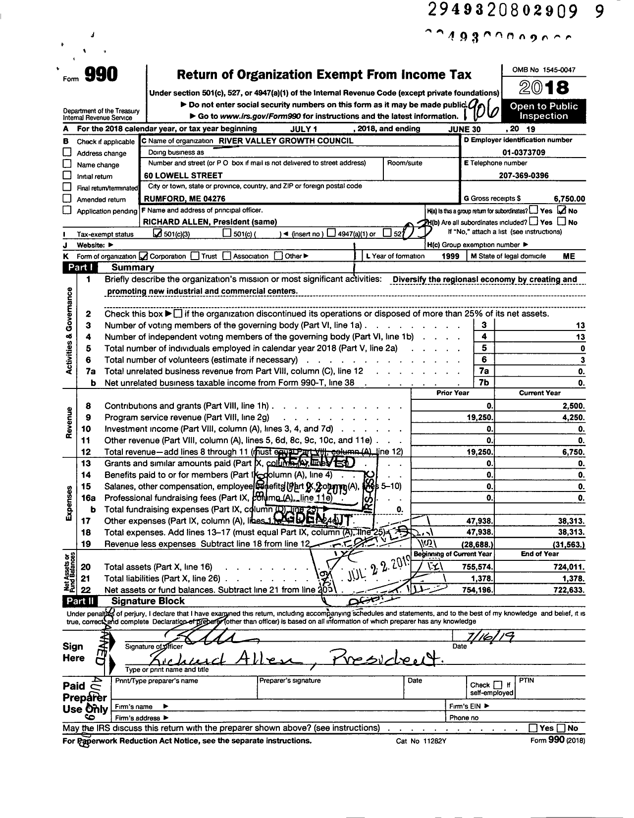 Image of first page of 2018 Form 990 for River Valley Growth Council