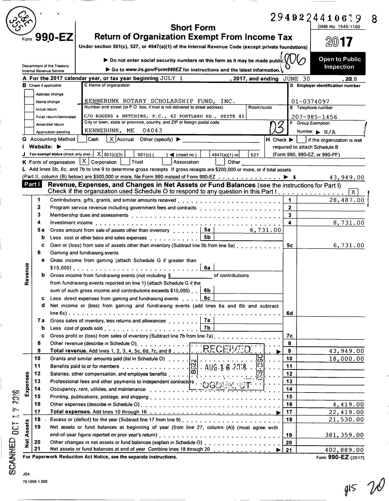 Image of first page of 2017 Form 990EZ for Kennebunk Rotary Scholarship Fund