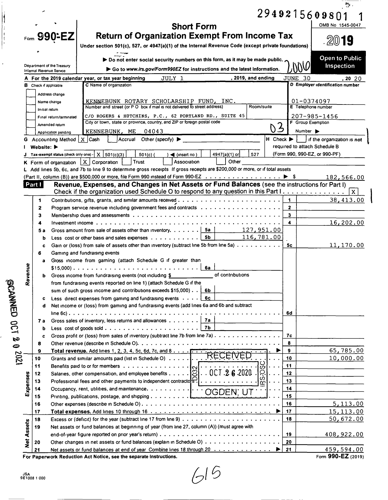 Image of first page of 2019 Form 990EZ for Kennebunk Rotary Scholarship Fund