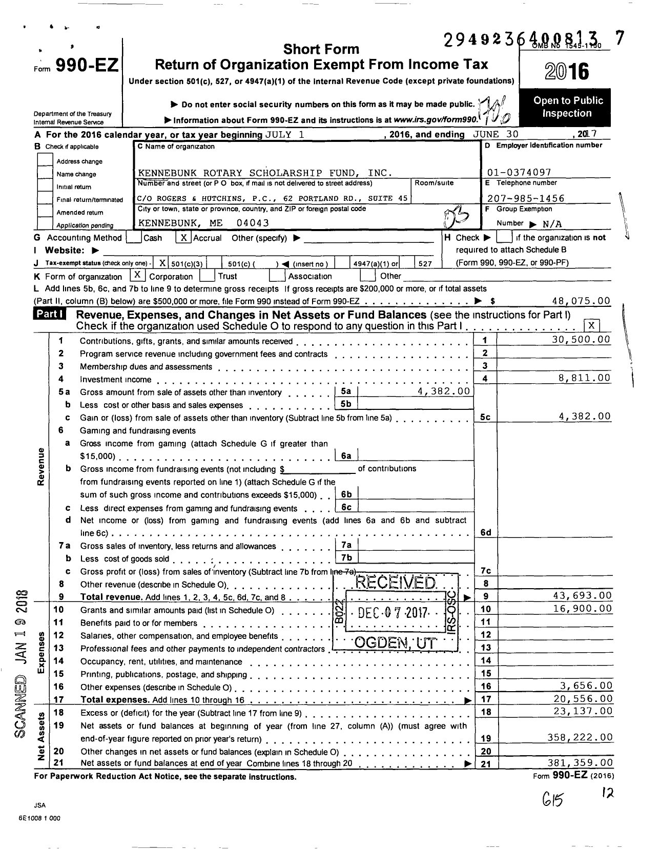 Image of first page of 2016 Form 990EZ for Kennebunk Rotary Scholarship Fund