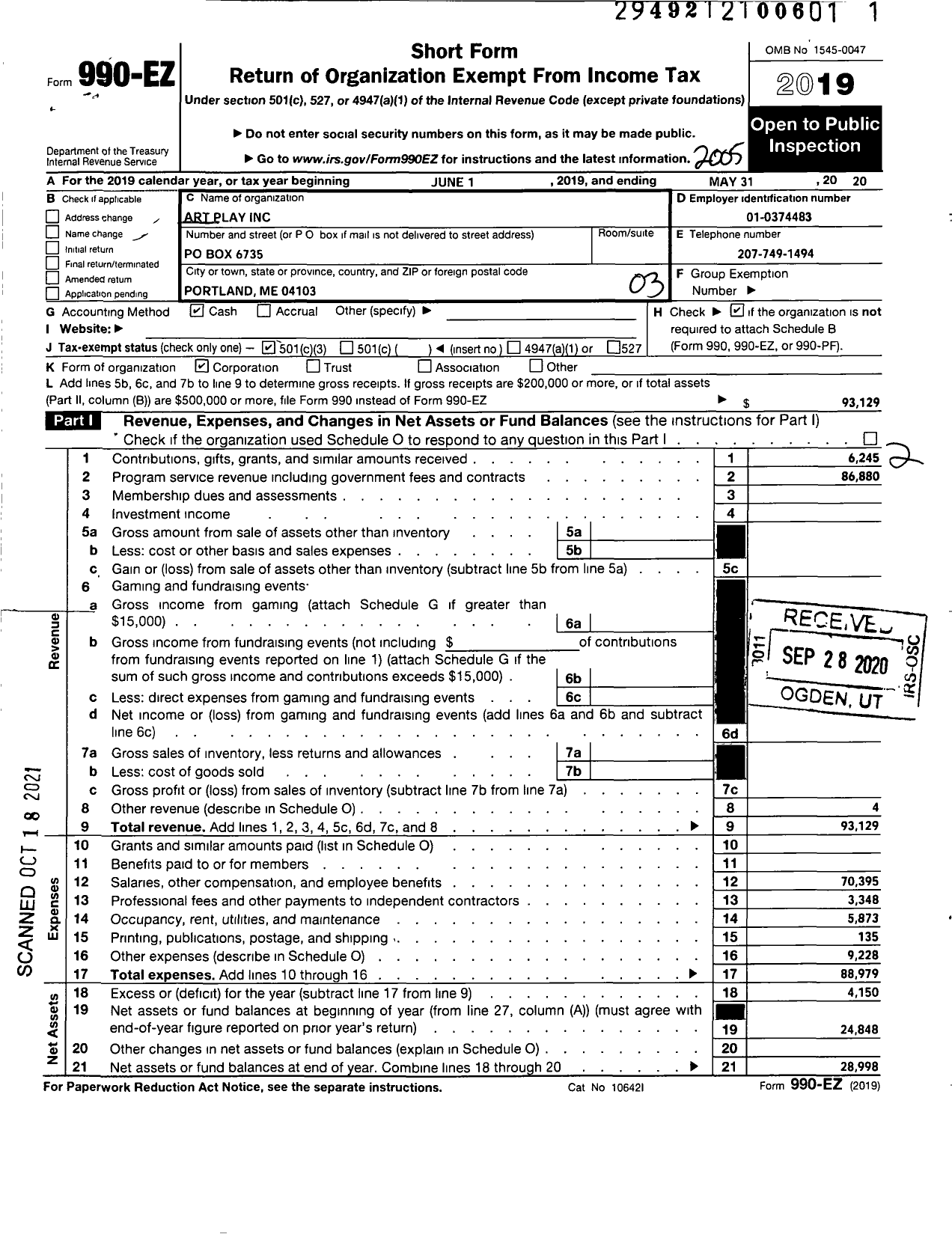 Image of first page of 2019 Form 990EZ for Art Play