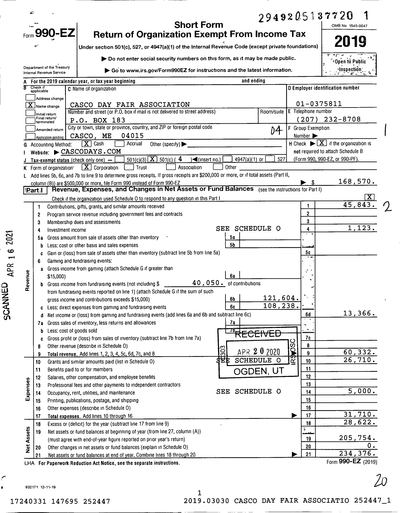 Image of first page of 2019 Form 990EO for Casco Day Fair Association