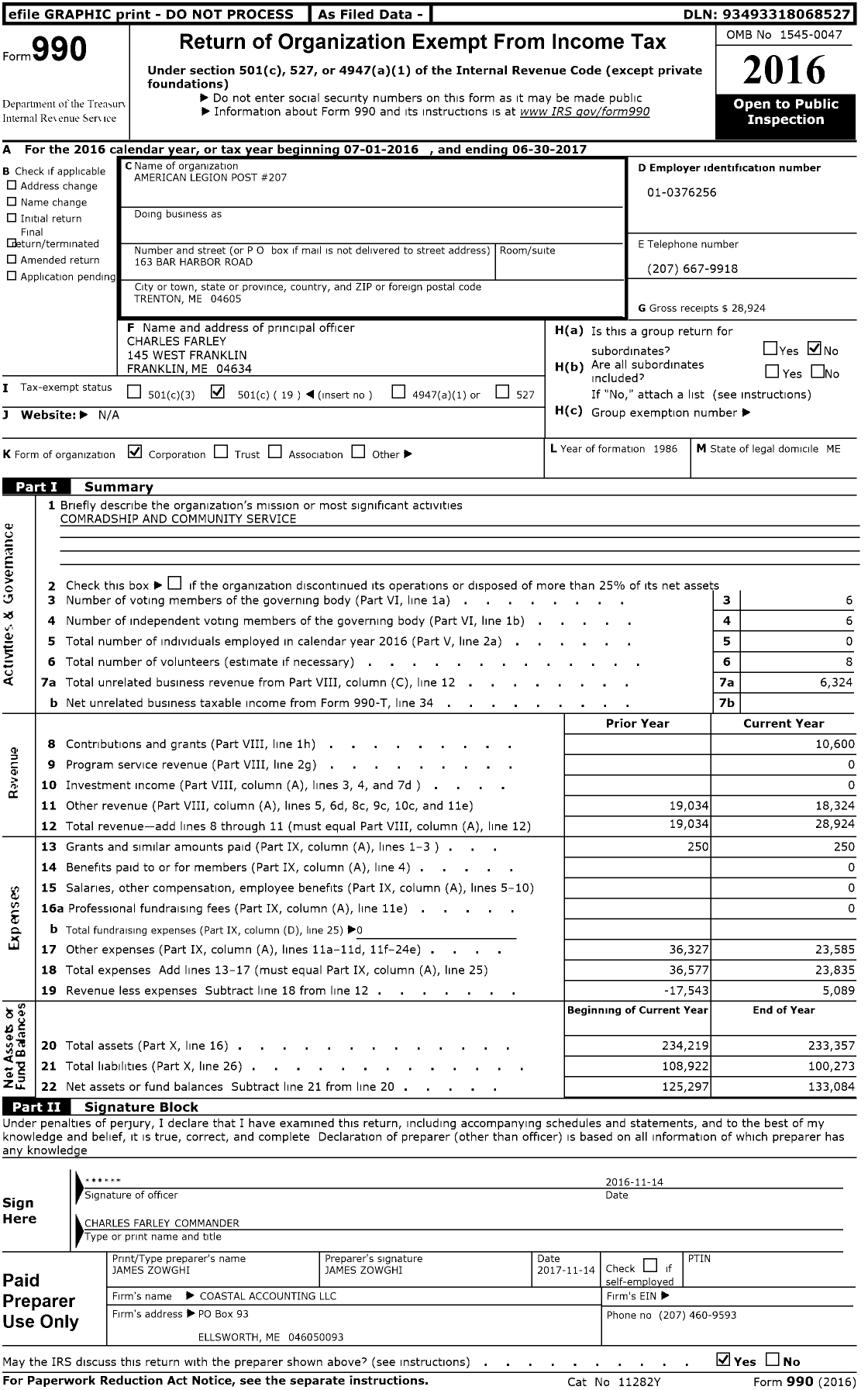 Image of first page of 2016 Form 990O for American Legion - 207 Hancock Memorial Post