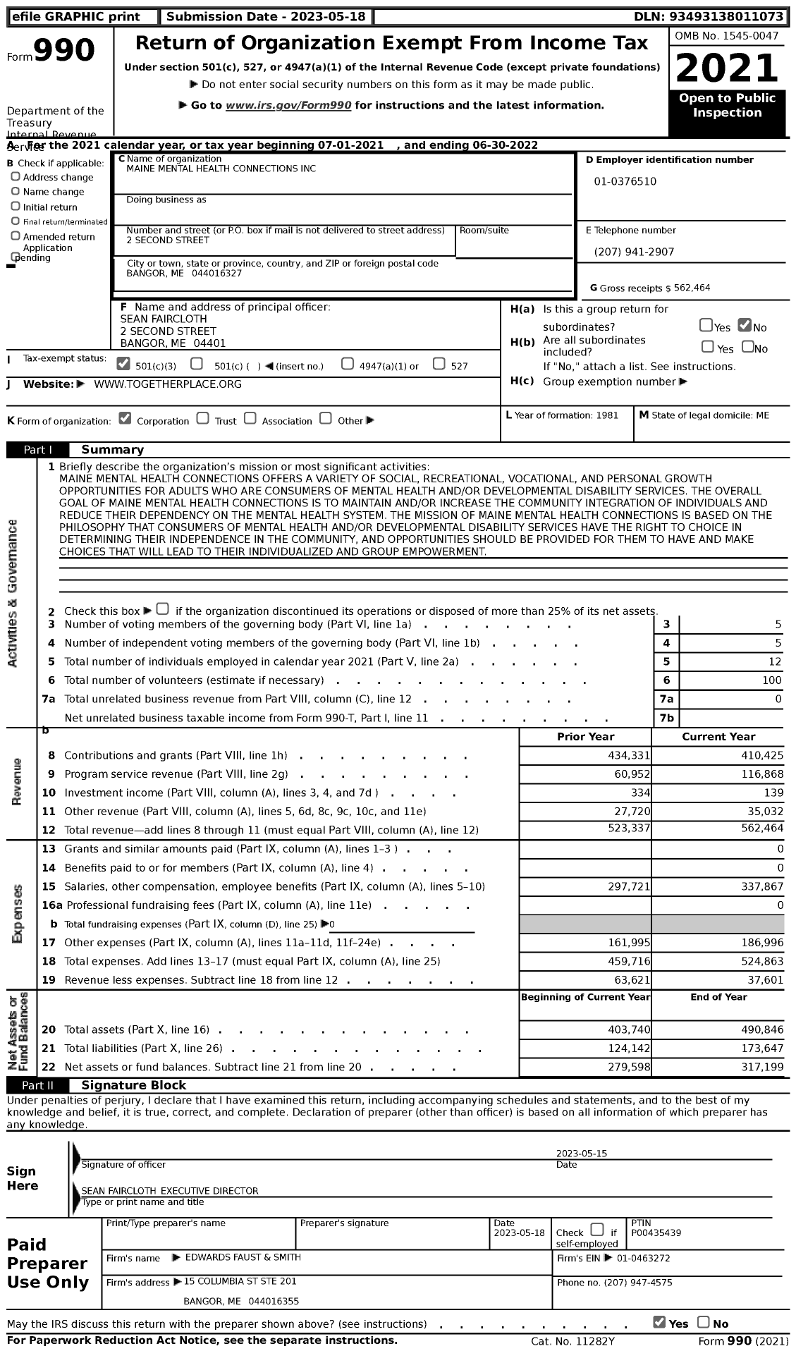 Image of first page of 2021 Form 990 for Maine Mental Health Connections