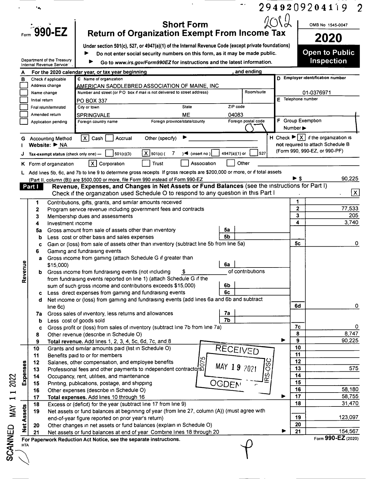 Image of first page of 2020 Form 990EO for American Saddlebred Association of Maine