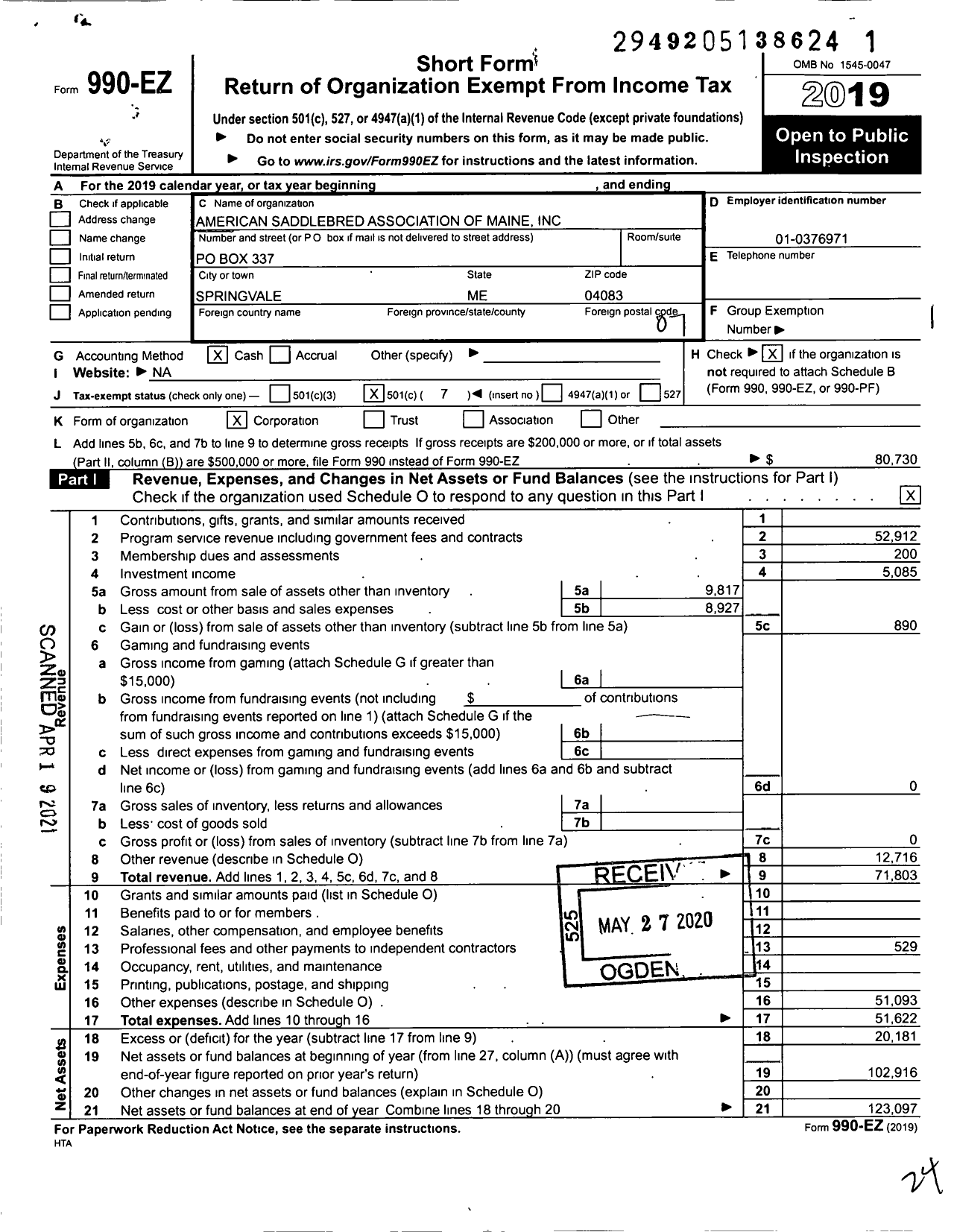 Image of first page of 2019 Form 990EO for American Saddlebred Association of Maine