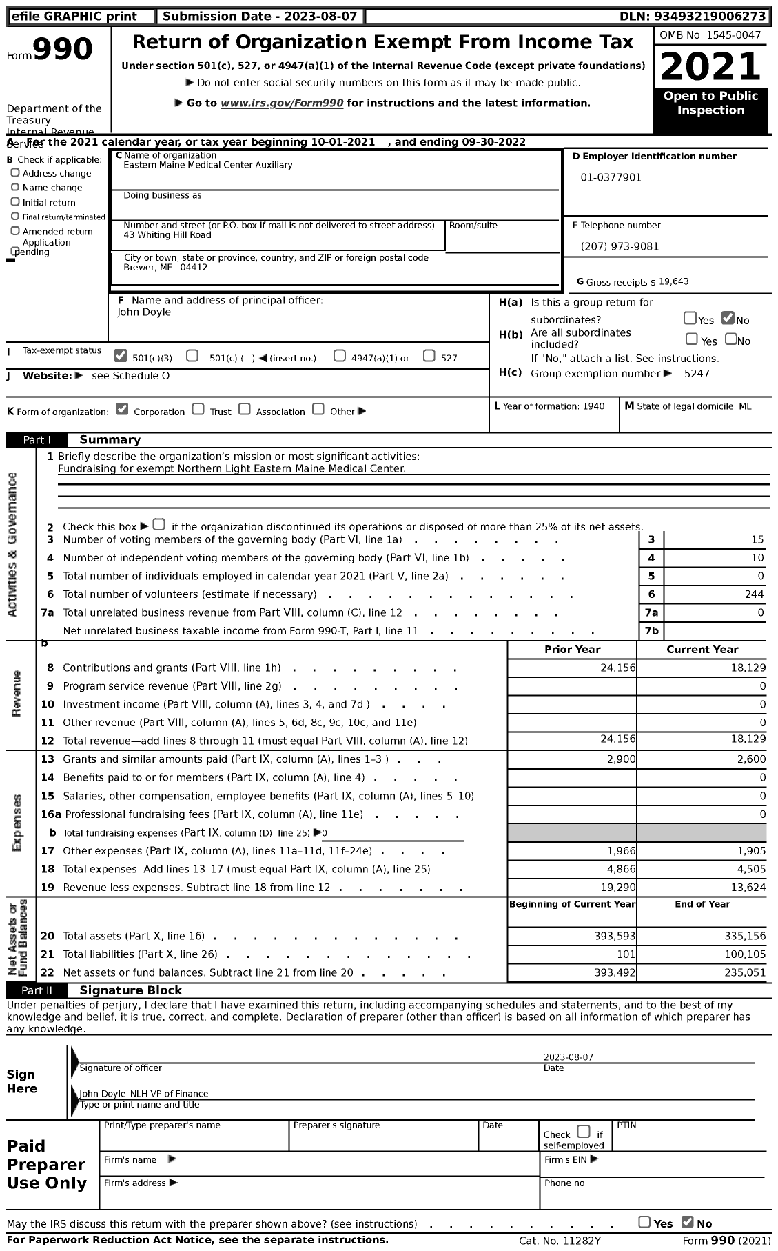 Image of first page of 2021 Form 990 for Eastern Maine Medical Center Auxiliary