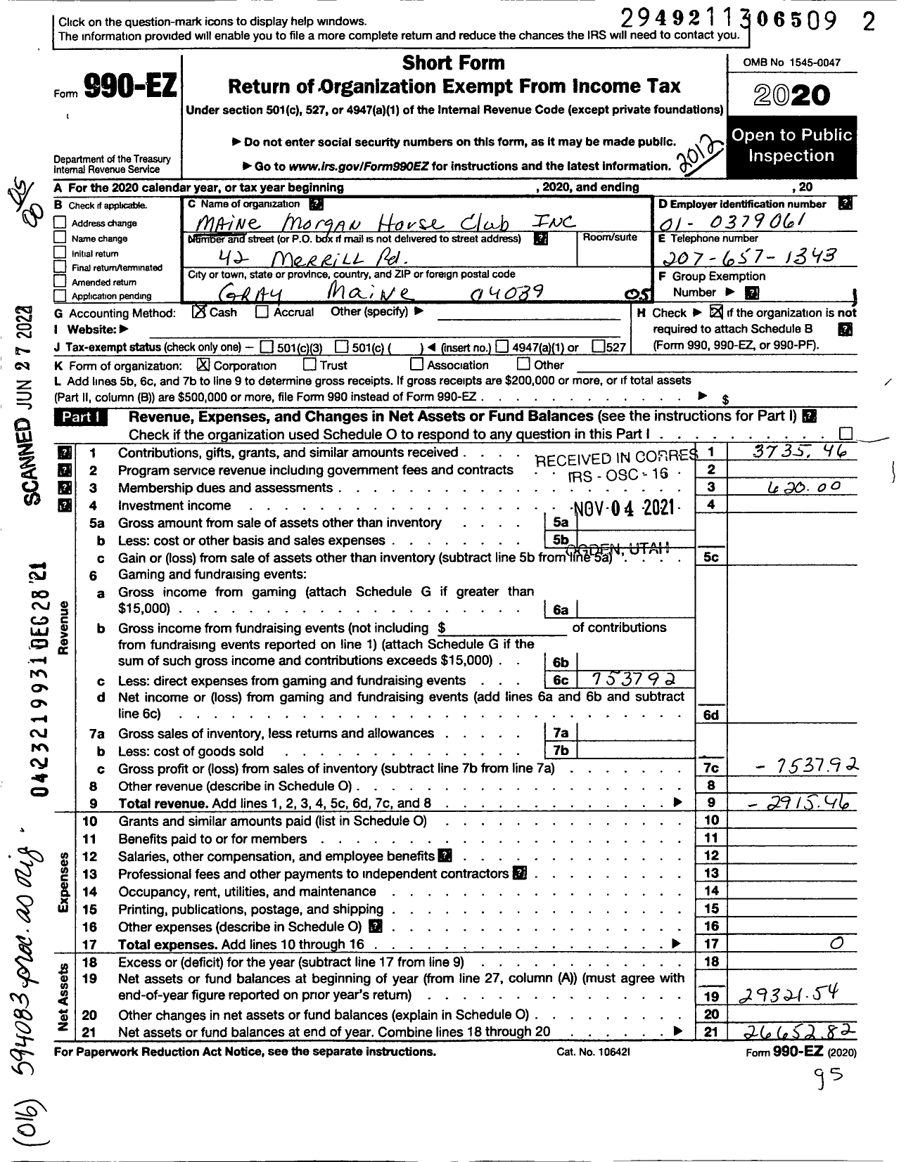 Image of first page of 2020 Form 990EO for The Maine Morgan Horse Club