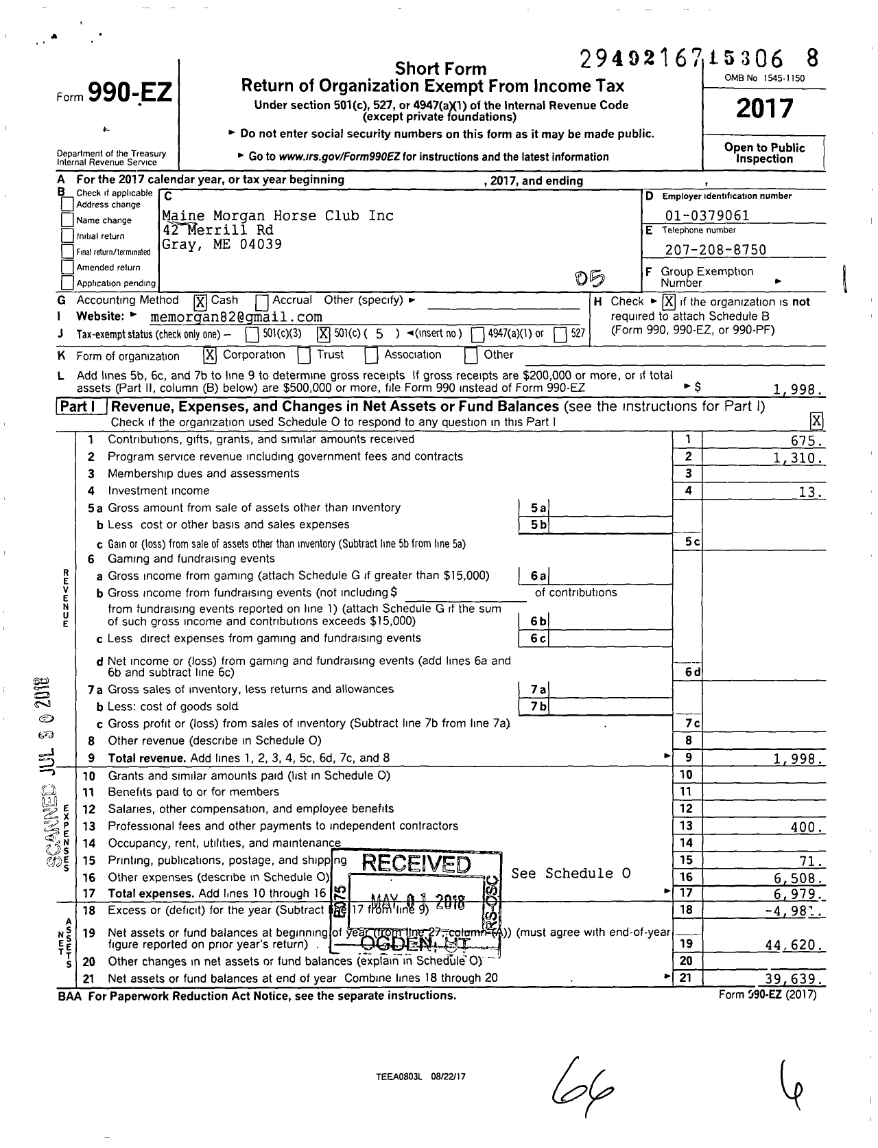 Image of first page of 2017 Form 990EO for The Maine Morgan Horse Club