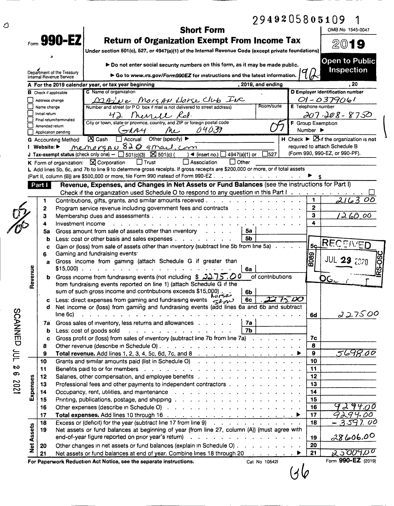 Image of first page of 2019 Form 990EO for The Maine Morgan Horse Club