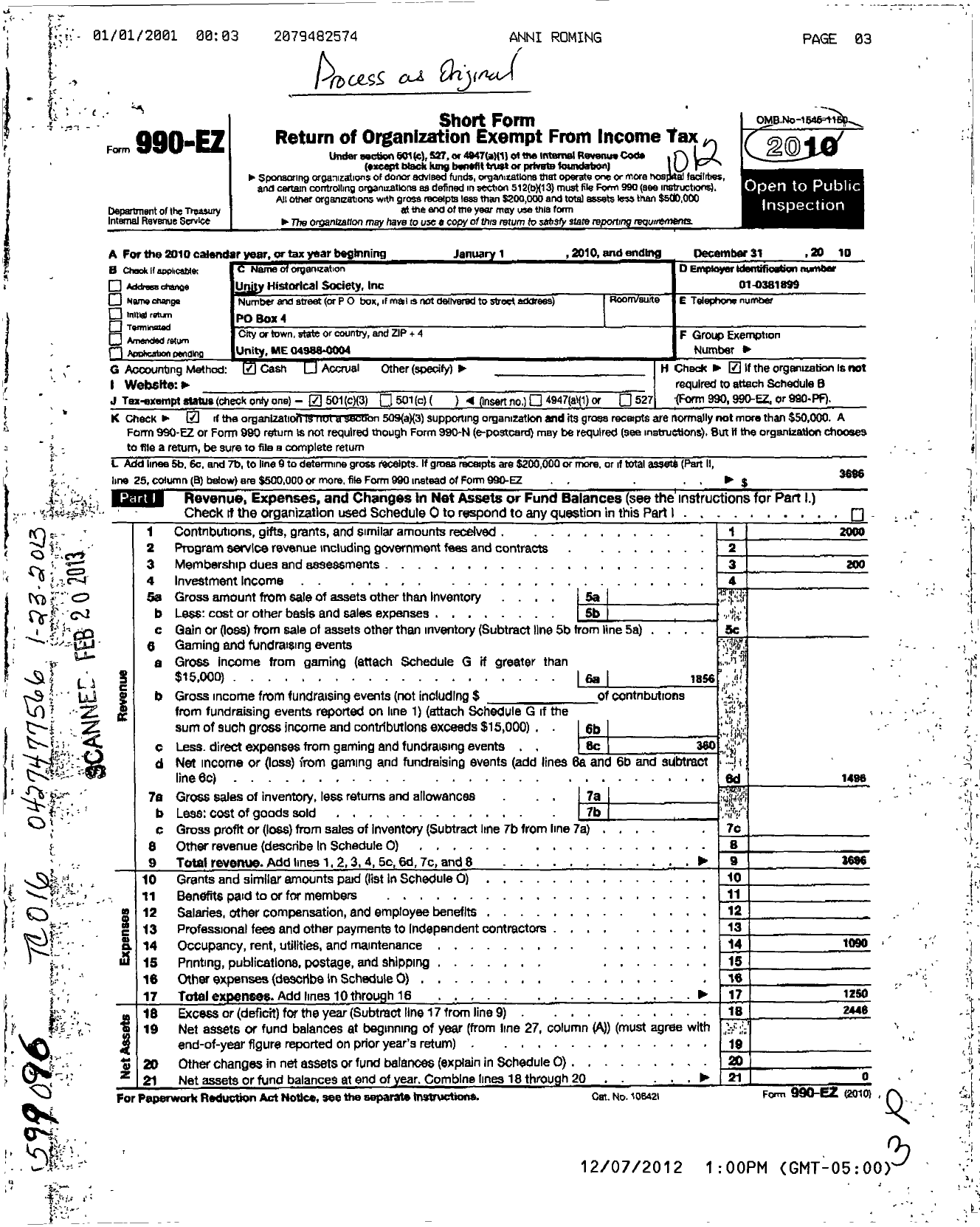 Image of first page of 2010 Form 990EZ for Unity Historical Society