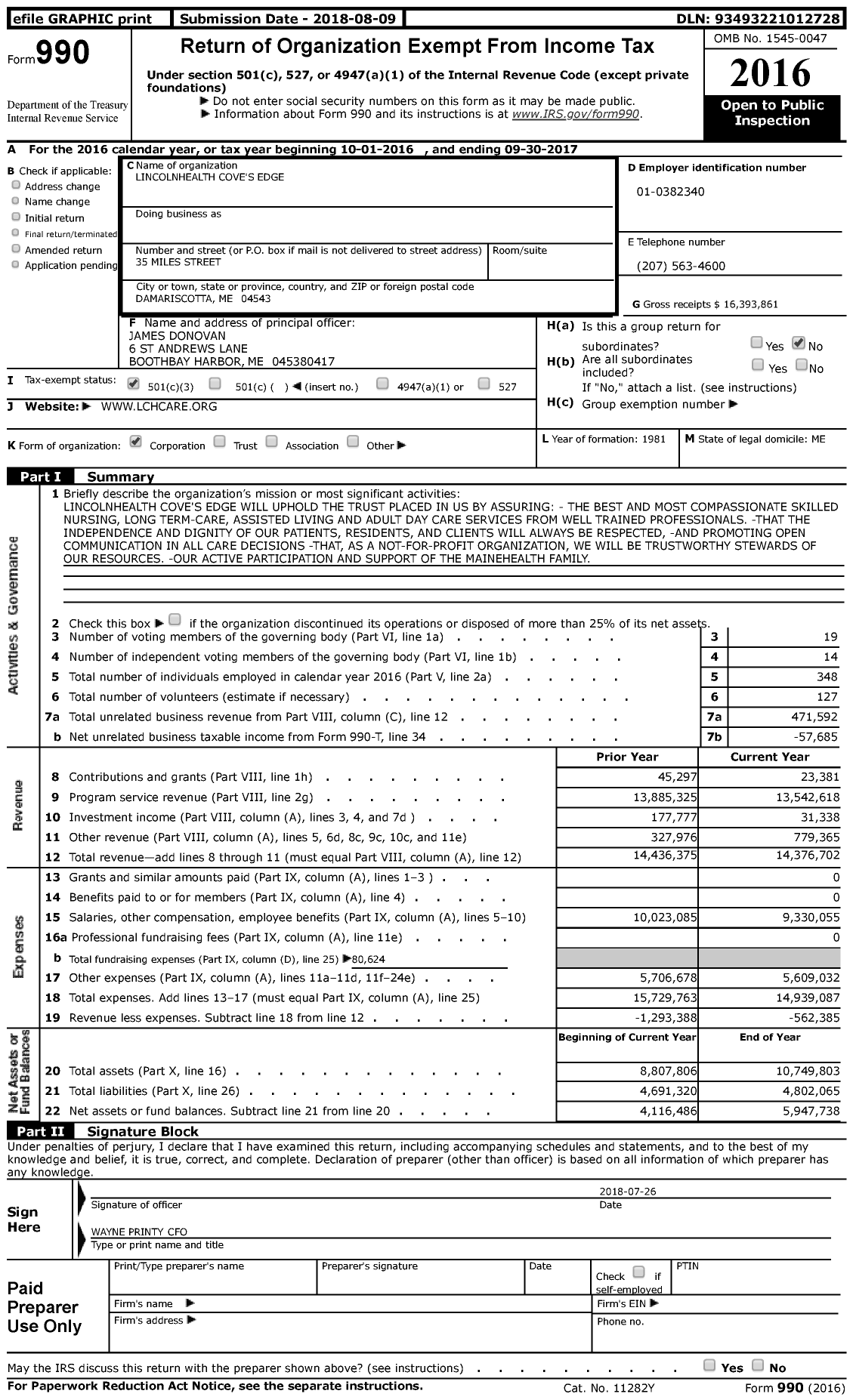 Image of first page of 2016 Form 990 for Lincolnhealth Cove's Edge