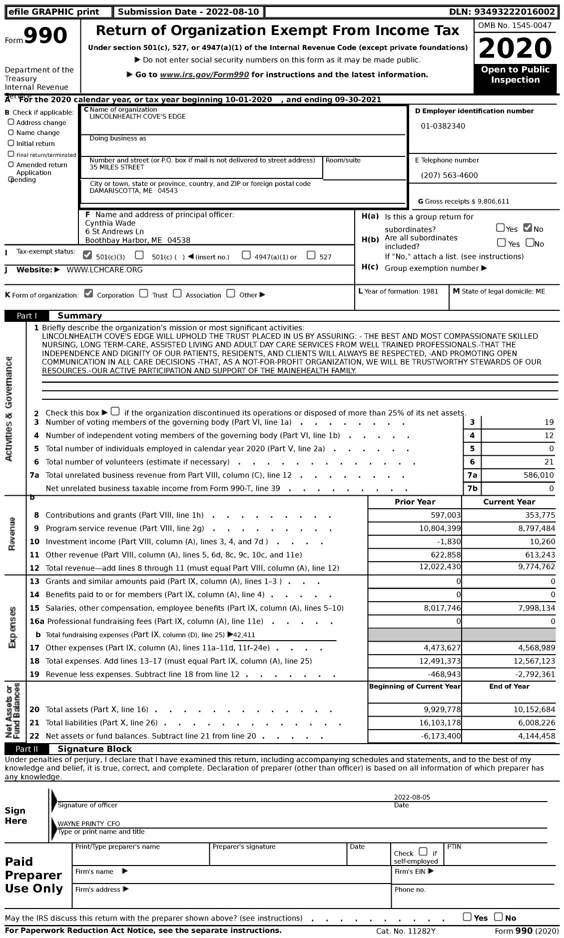 Image of first page of 2020 Form 990 for LincolnHealth Cove's Edge