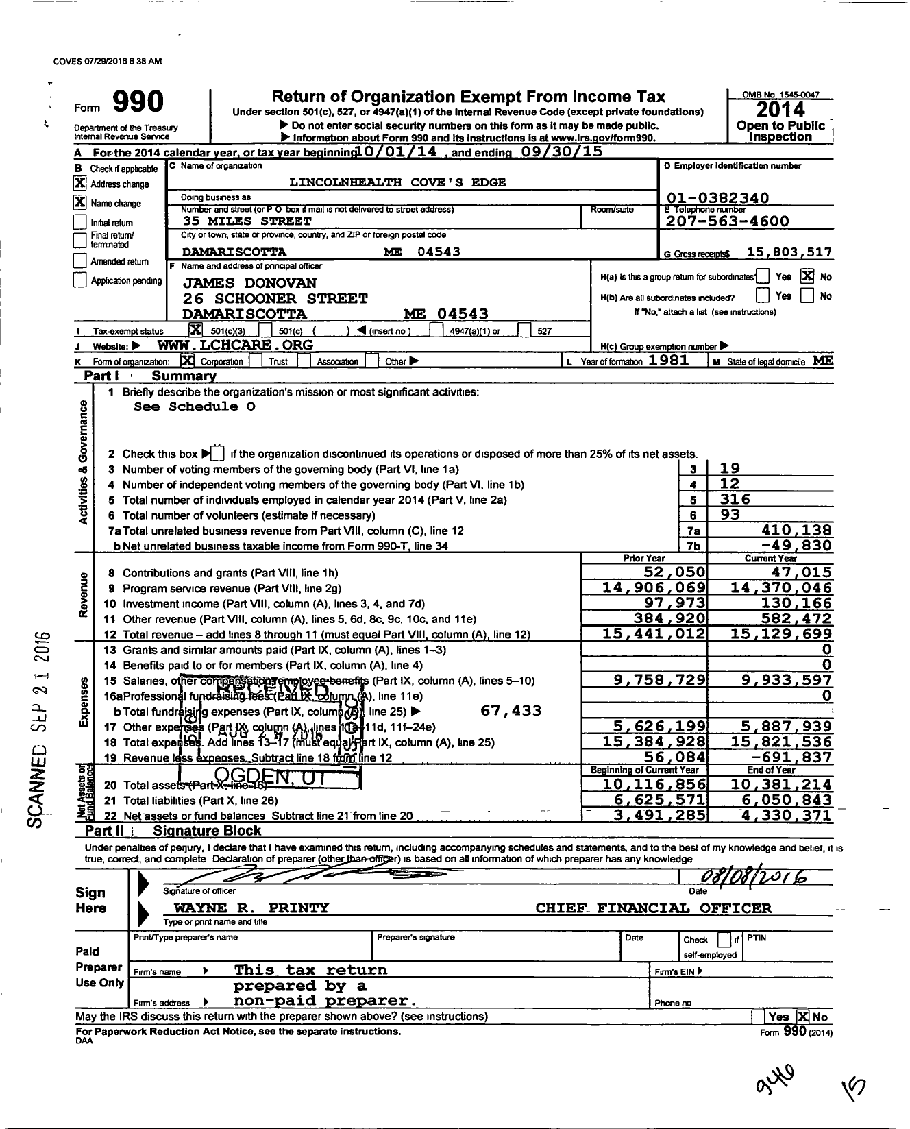 Image of first page of 2014 Form 990 for Lincolnhealth Cove's Edge