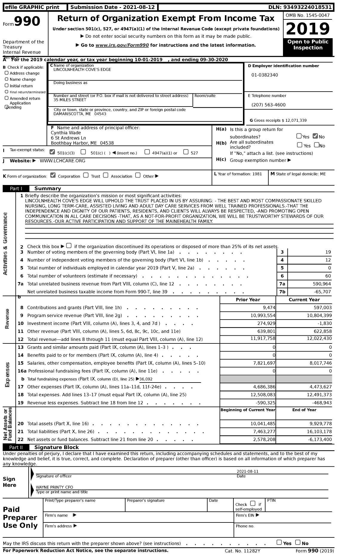 Image of first page of 2019 Form 990 for LincolnHealth Cove's Edge