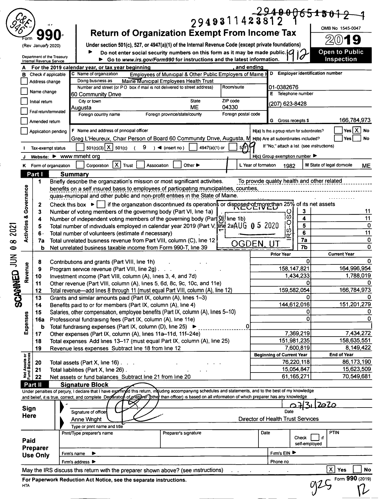 Image of first page of 2019 Form 990O for Maine Municipal Employees Health Trust