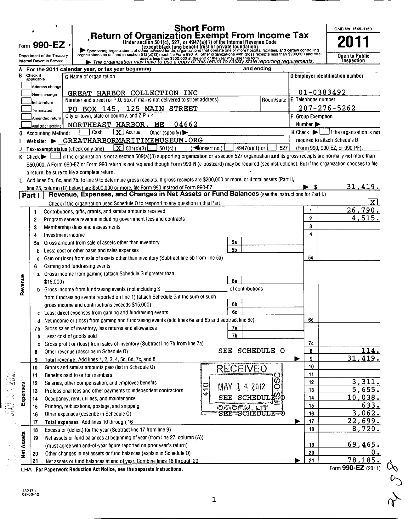 Image of first page of 2011 Form 990EZ for Great Harbor Collection
