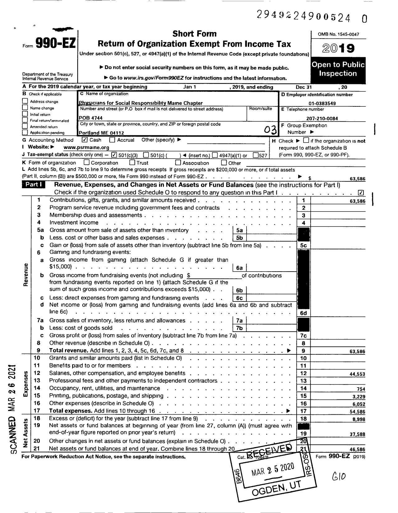 Image of first page of 2019 Form 990EZ for Physicians for Social Responsibility / Maine