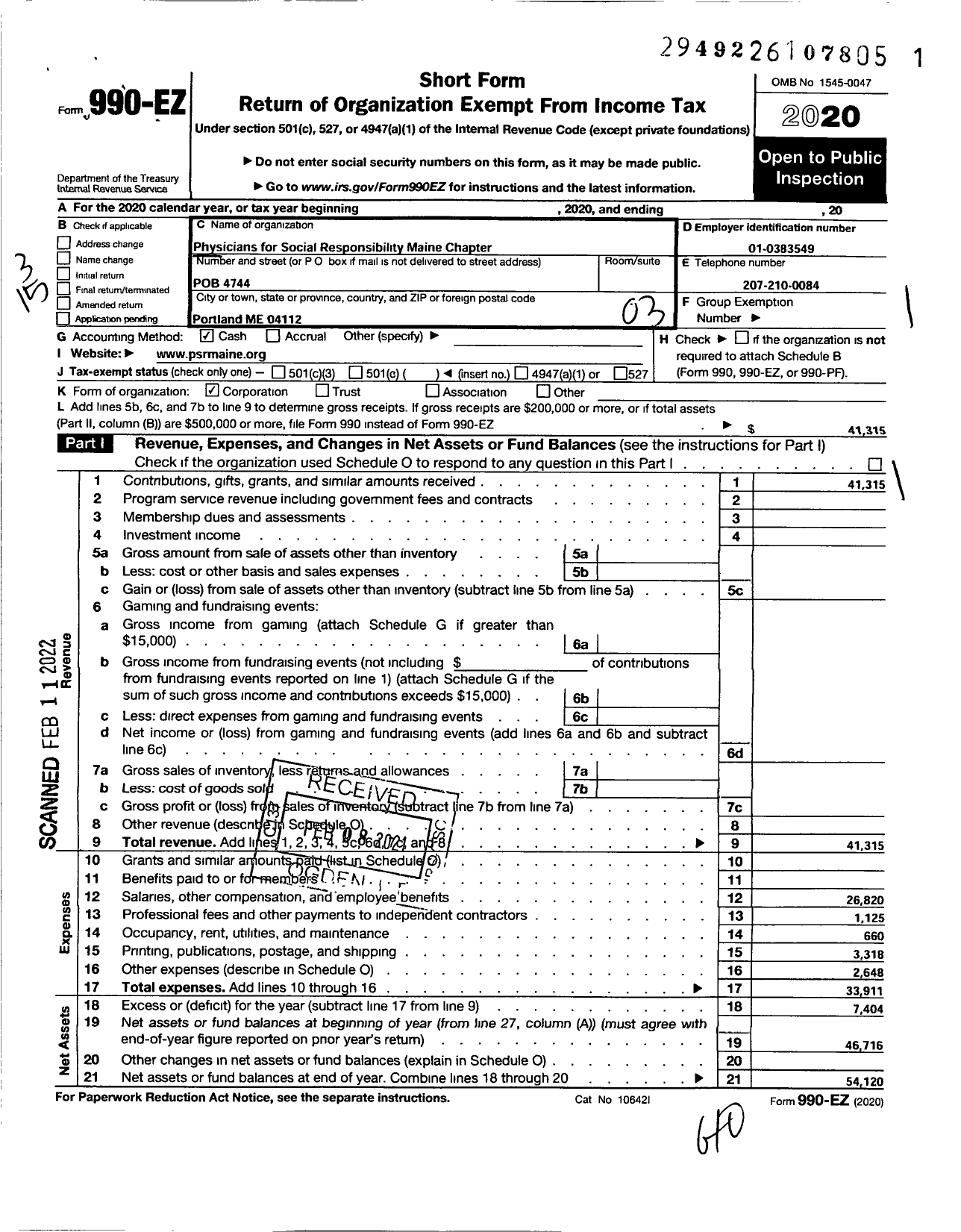 Image of first page of 2020 Form 990EZ for Physicians for Social Responsibility / Maine