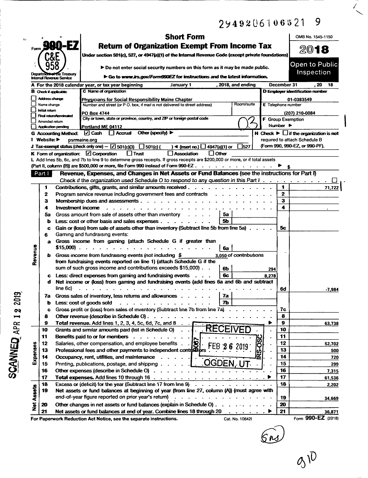 Image of first page of 2018 Form 990EZ for Physicians for Social Responsibility / Maine