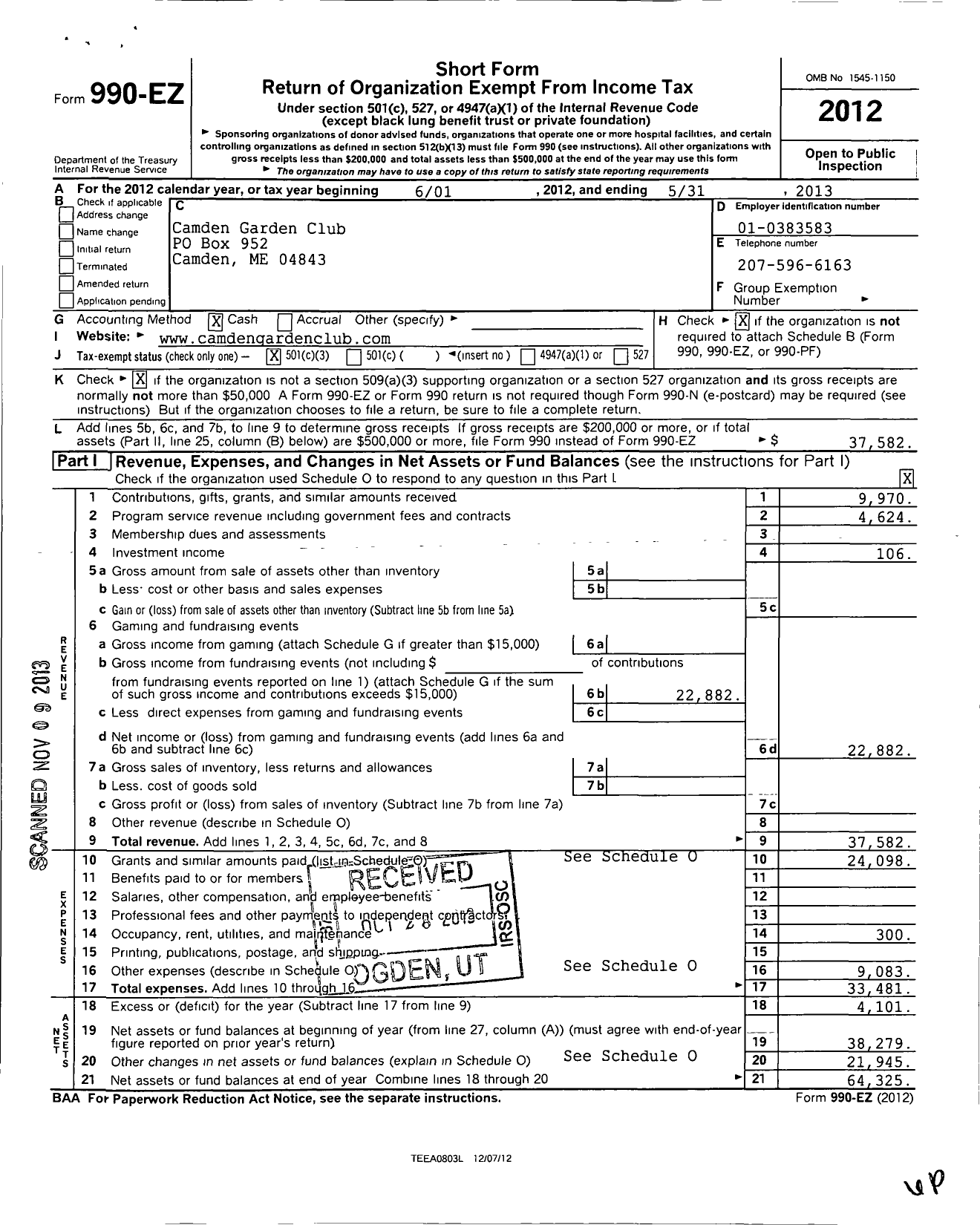 Image of first page of 2012 Form 990EZ for Camden Garden Club