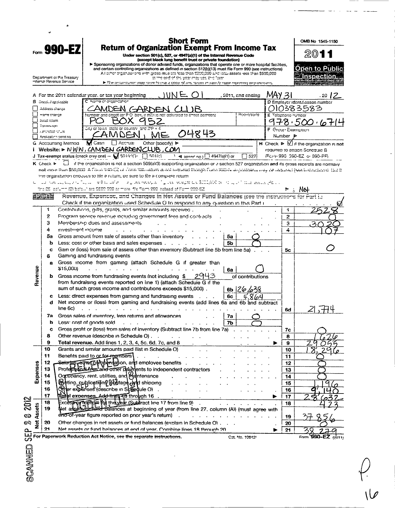 Image of first page of 2011 Form 990EZ for Camden Garden Club