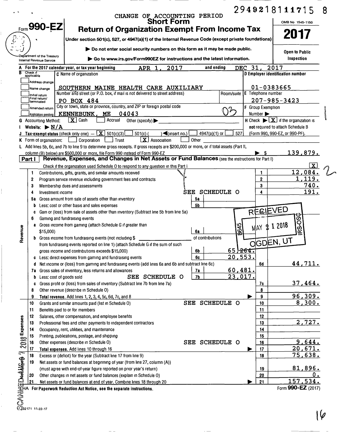 Image of first page of 2017 Form 990EZ for Southern Maine Health Care Auxiliary