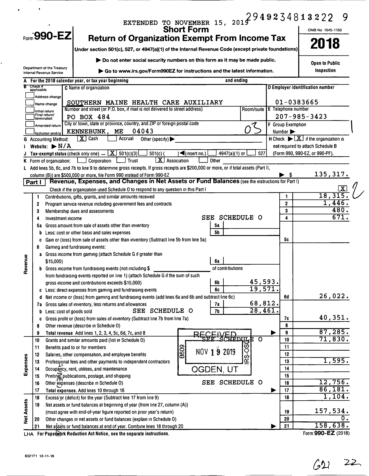 Image of first page of 2018 Form 990EZ for Southern Maine Health Care Auxiliary